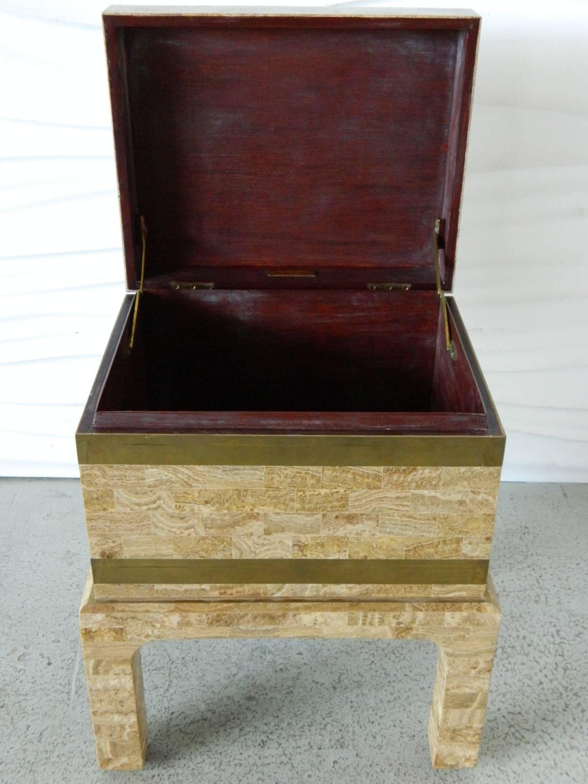 Maitland Smith Tesselated Stone and Brass Box on Stand In Good Condition For Sale In Baltimore, MD