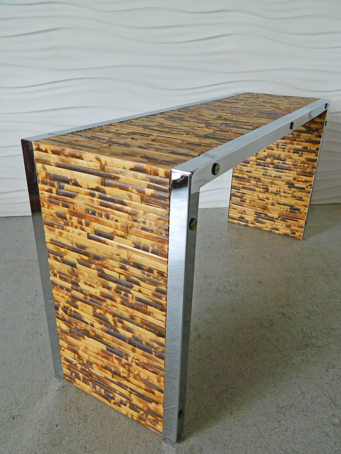 American Burnt Bamboo and Chrome Console  For Sale