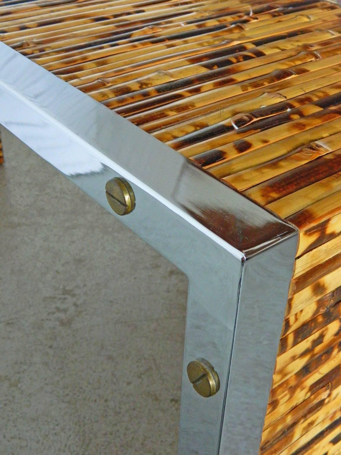 Brass Burnt Bamboo and Chrome Console  For Sale