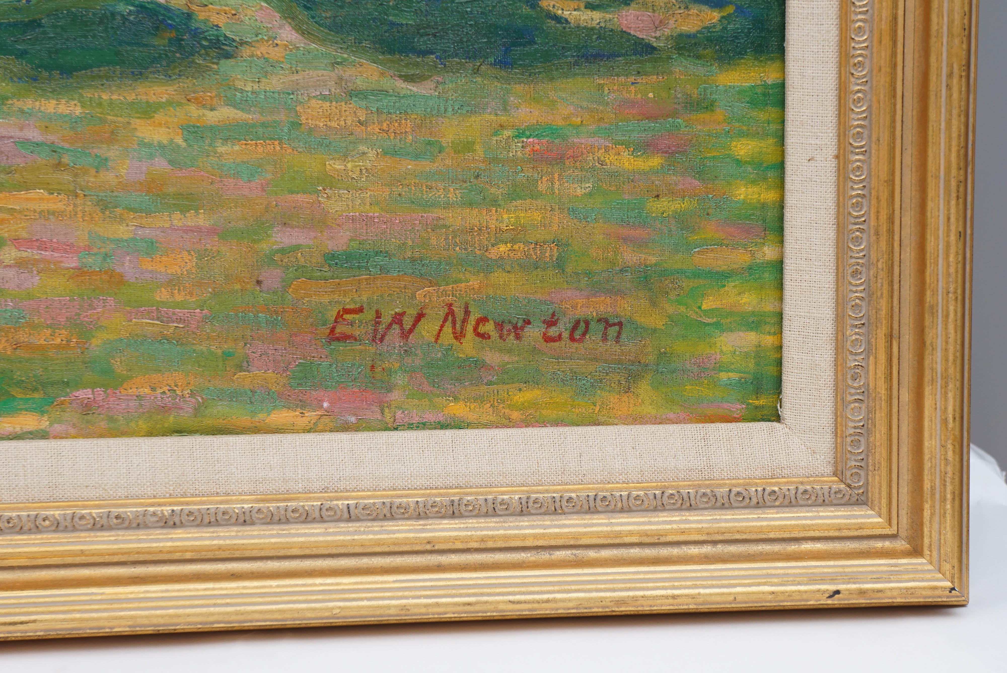 American Post Impressionist Landscape Oil on Canvas, by E.W. Newton For Sale