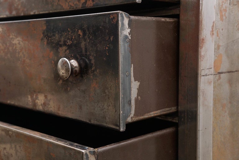 Industrial Dresser in Steel with Mirror, Mid-Century Modern 1960s In Distressed Condition For Sale In Sheffield, MA