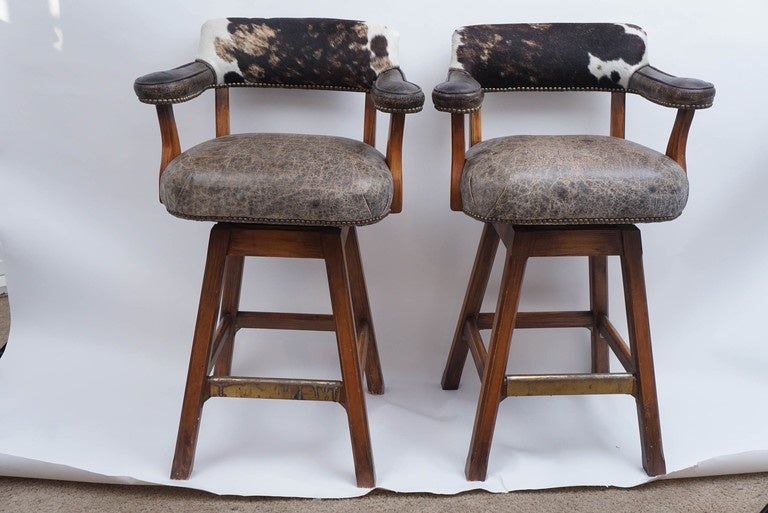 Pair of Swivel Stools, Cowhide and Leather, 1980s at 1stdibs