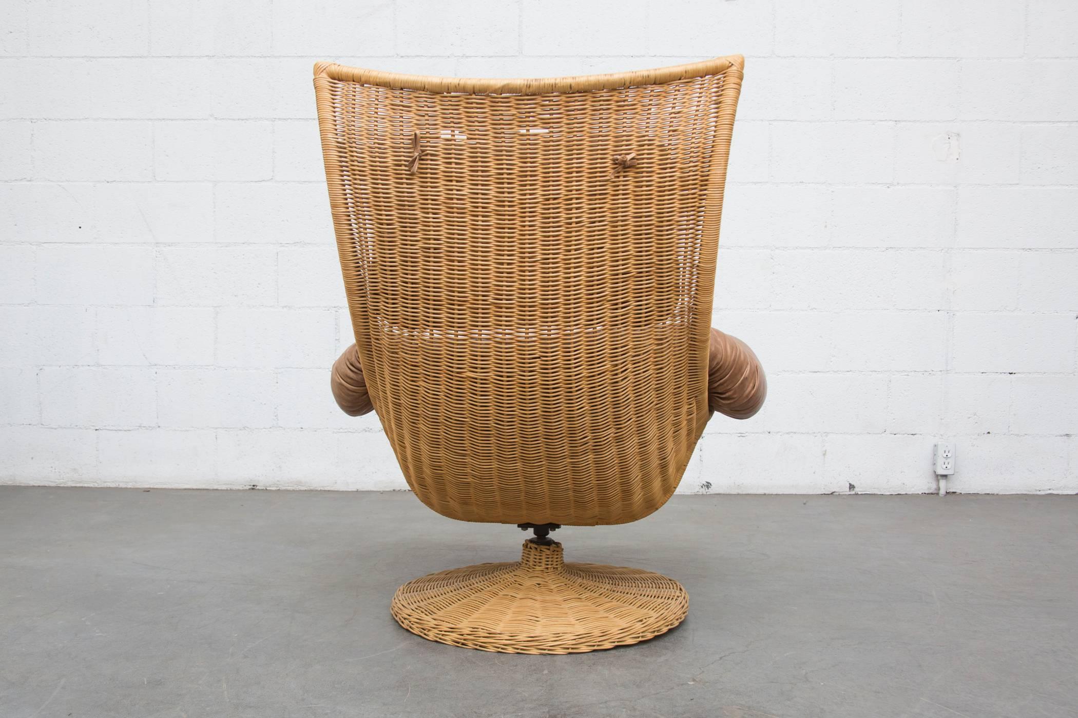 Dutch Gerard Van Den Berg Leather and Rattan Swivel Lounge Chair for Montis