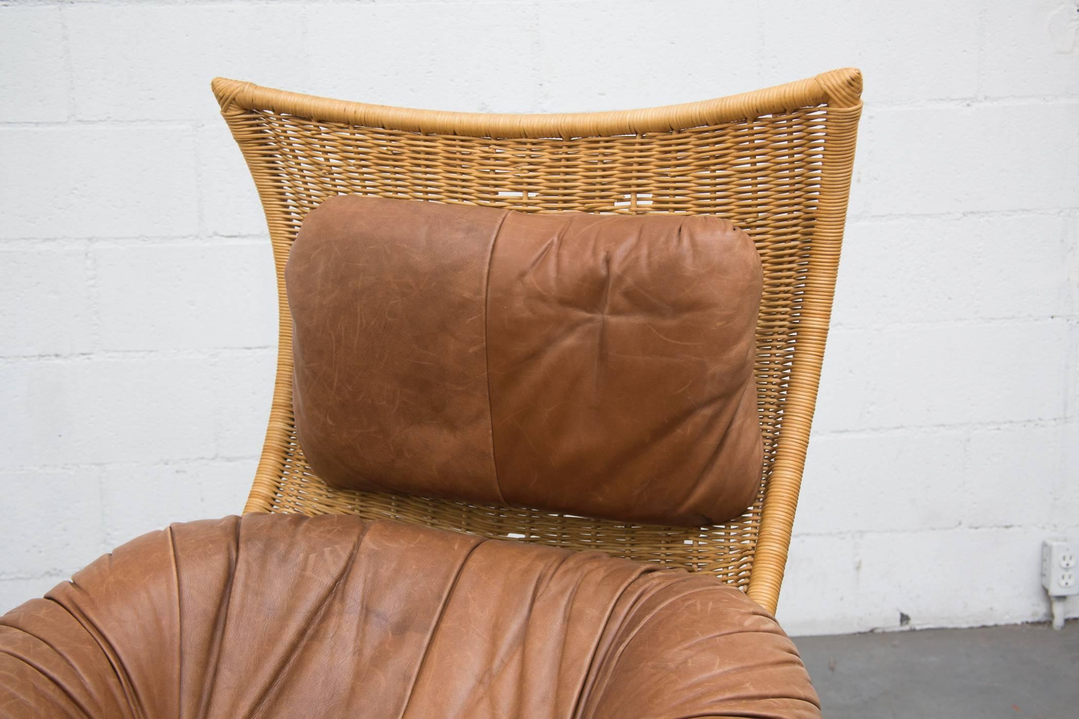 Woven Gerard Van Den Berg Leather and Rattan Swivel Lounge Chair for Montis