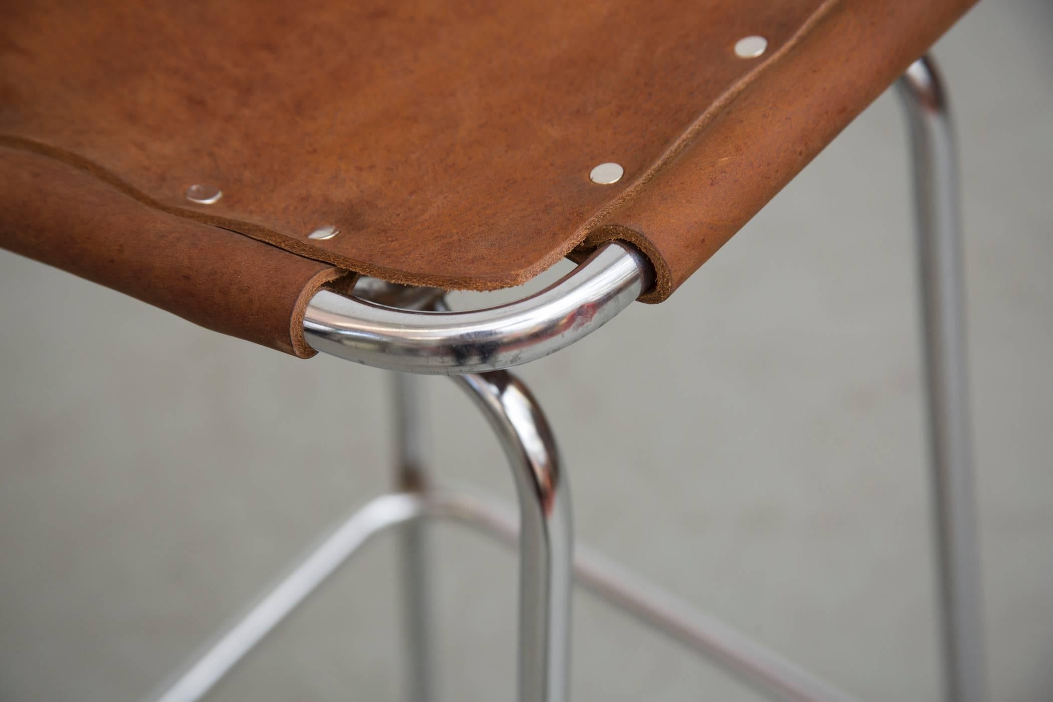Pair of Charlotte Perriand Style Leather Bar Stools In Good Condition In Los Angeles, CA