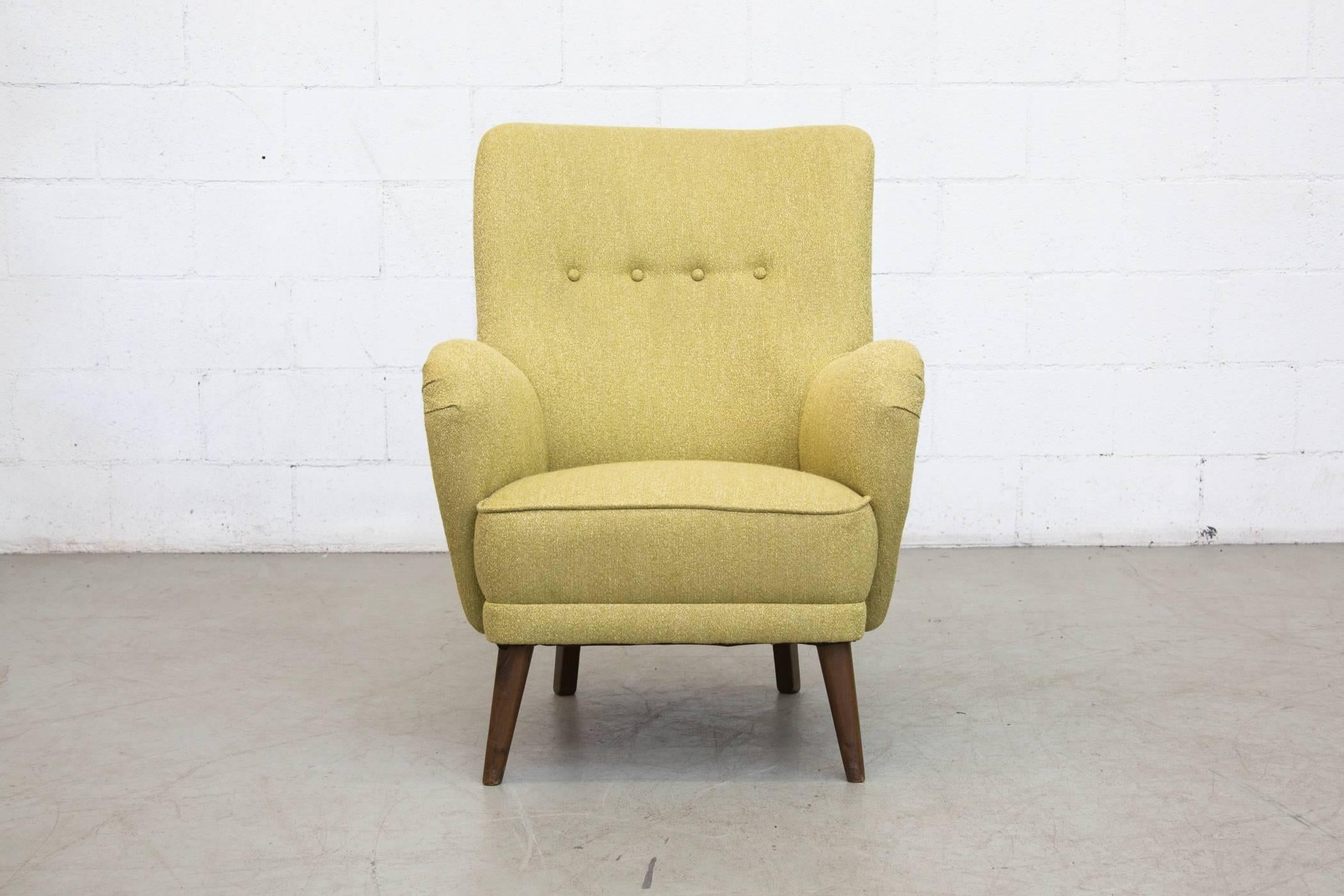 Stylish green tea newly upholstered theo ruth lounge chair with dark wood feet. Similar in style to Marco Zanuso lounge chair.