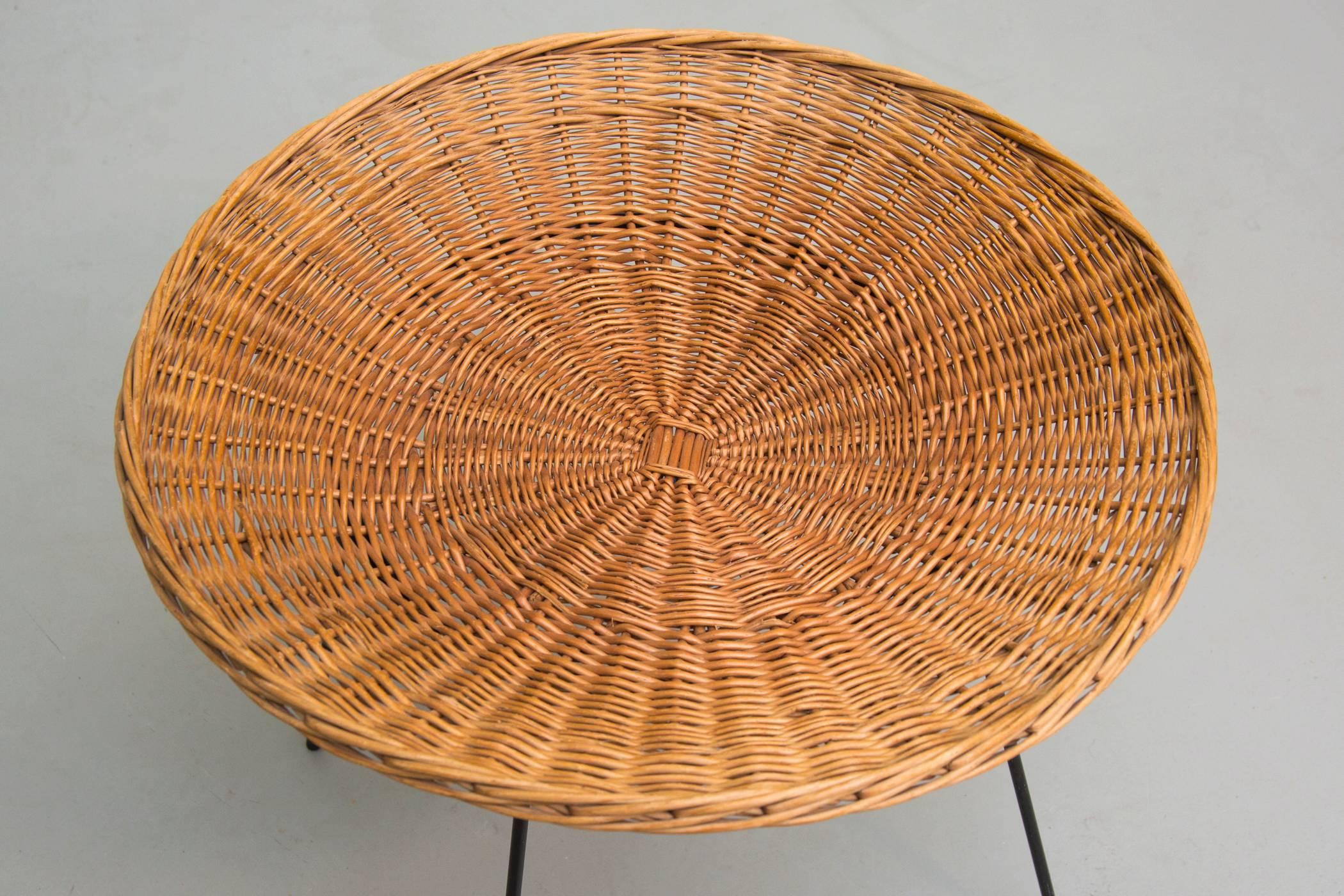 Mid-Century Modern Woven Rattan Basket Side Table
