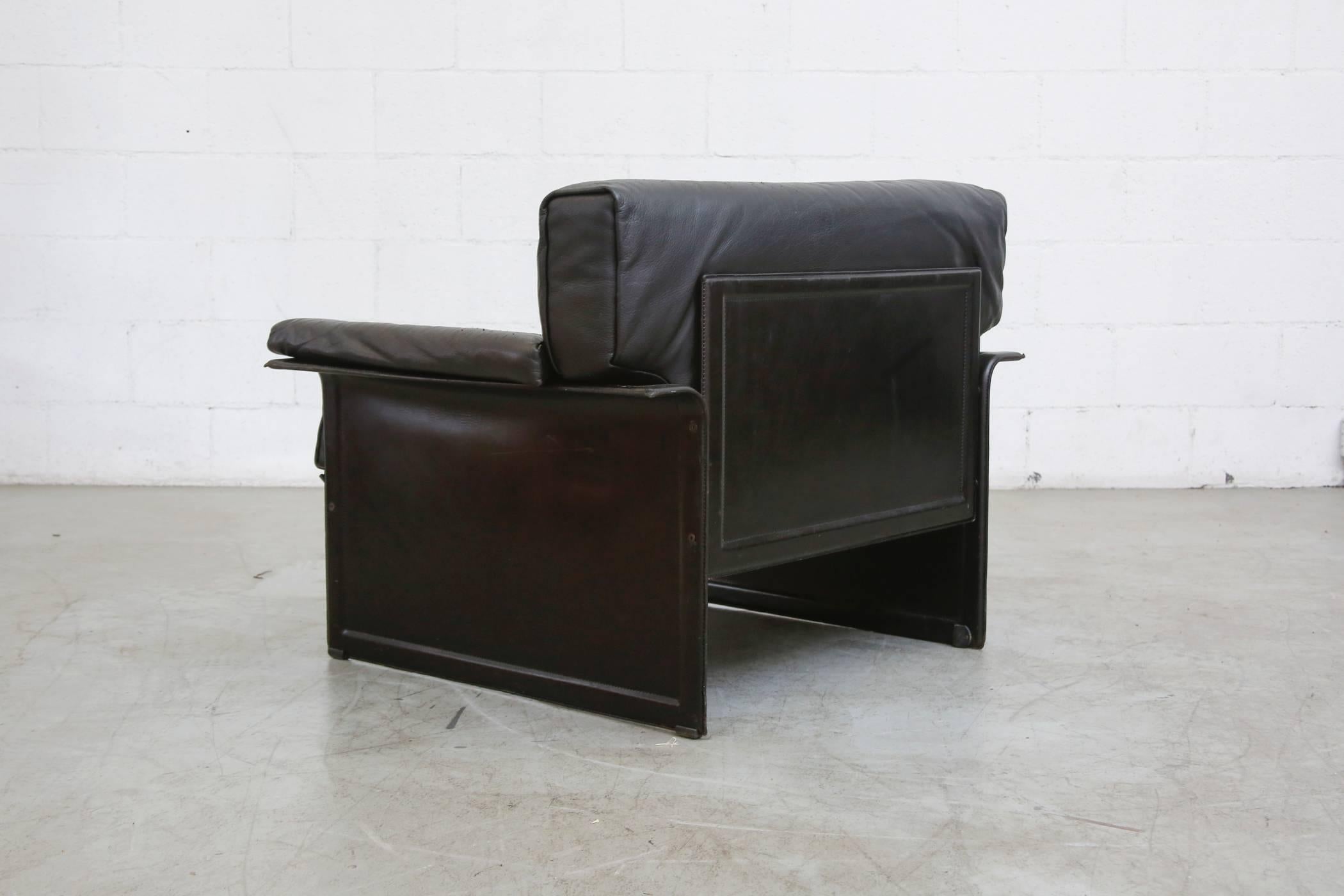Italian Tito Agnoli Black Leather Lounge Chair for Matteograssi