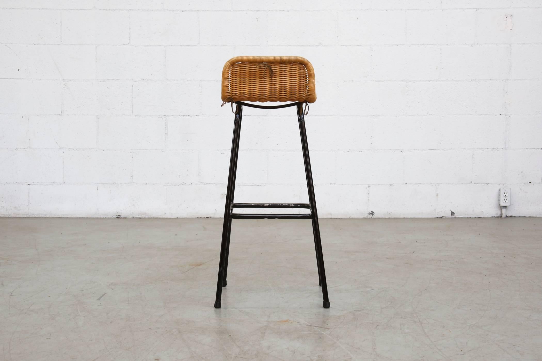 Mid-20th Century Set of Six Charlotte Perriand Style Wicker Bar Stools with Cow Hide
