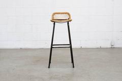 Set of Six Charlotte Perriand Style Wicker Bar Stools with Cow Hide