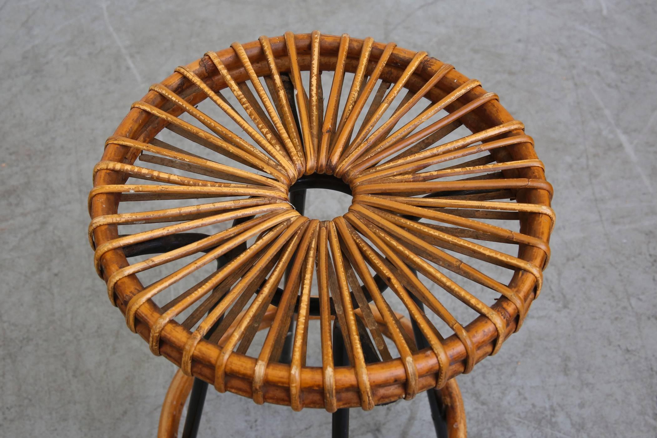 Set of Three Retro Wire and Bamboo Stools In Good Condition In Los Angeles, CA