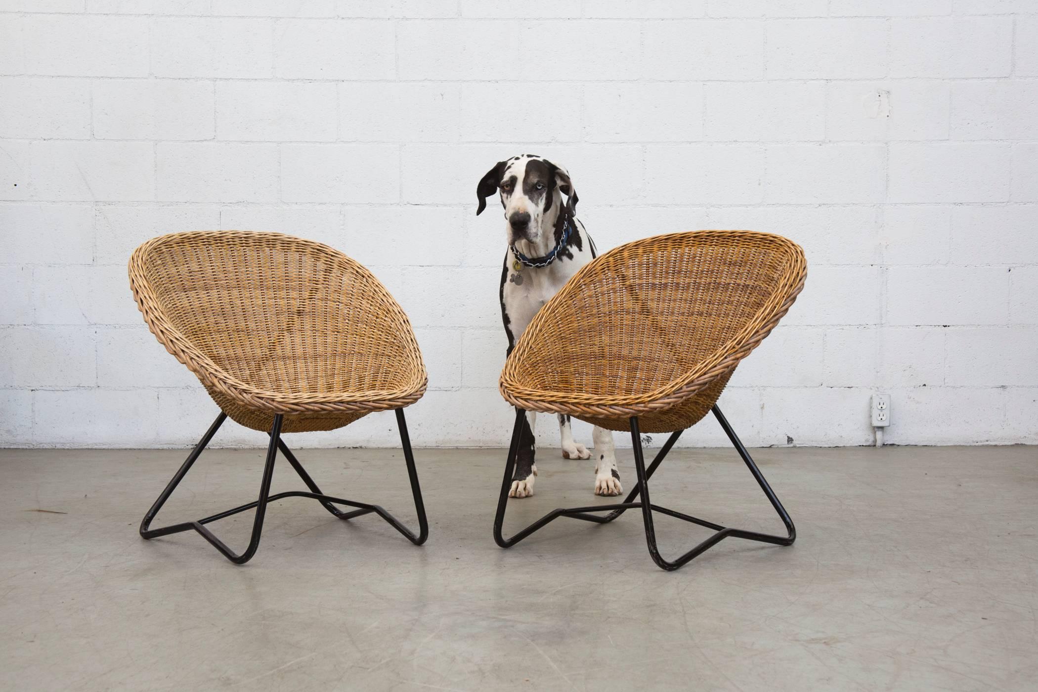 Gorgeous woven bowl chairs with black enameled cross frame. Very good original condition. One slightly darker patina than the other. Outstanding design. Visible wear to the frame, minimal breakage on wicker, not enough to detract from design or