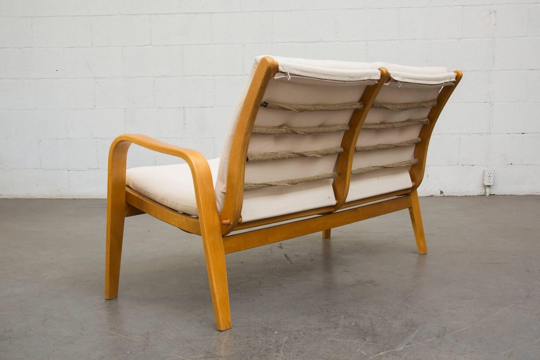 Dutch Cees Braakman Birch Loveseat for Pastoe w/ Original Straps & New Canvas Cushions For Sale