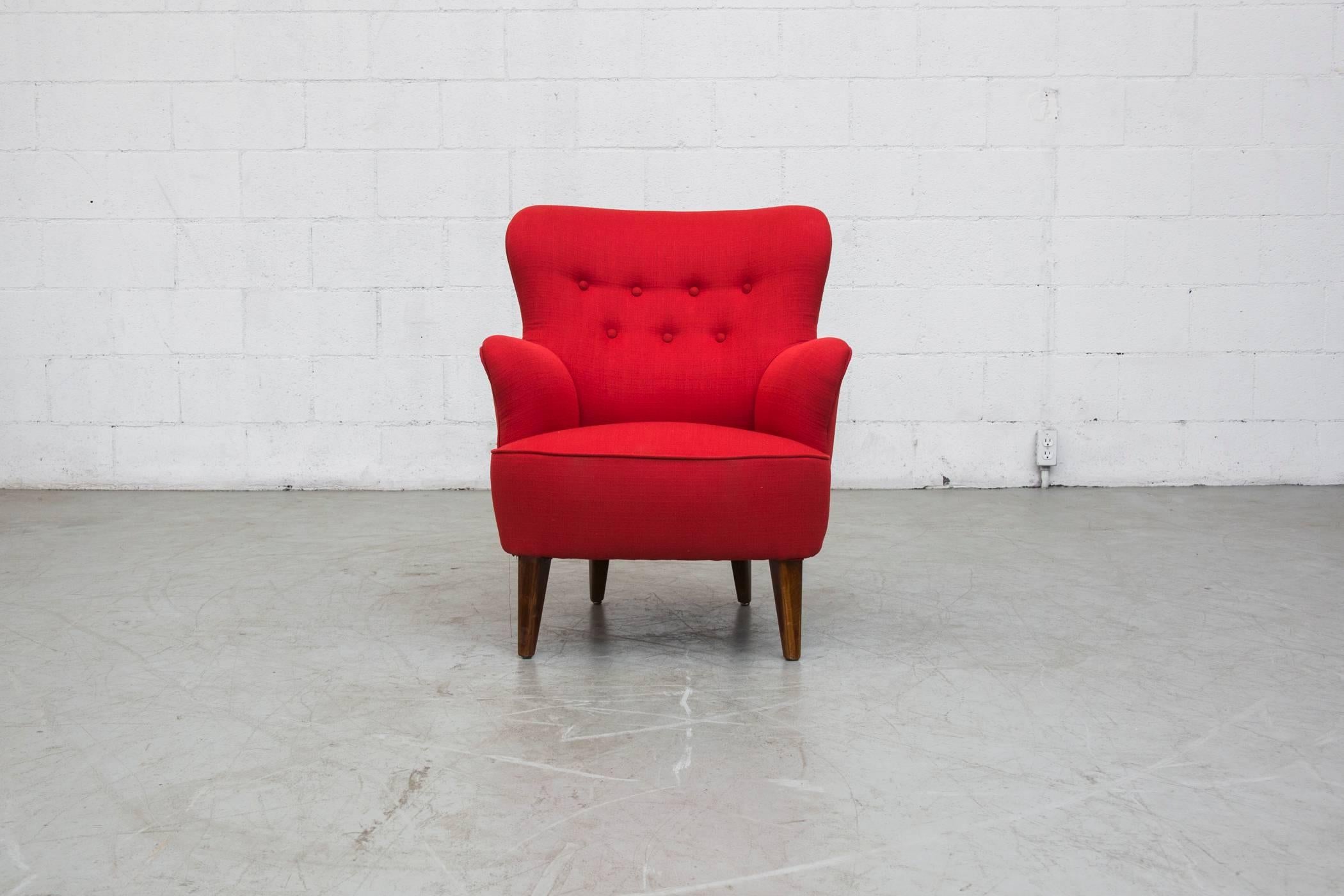Vintage Theo Ruth lounge chair circa 1956, newly upholstered in lipstick red fabric with original legs. Two available.