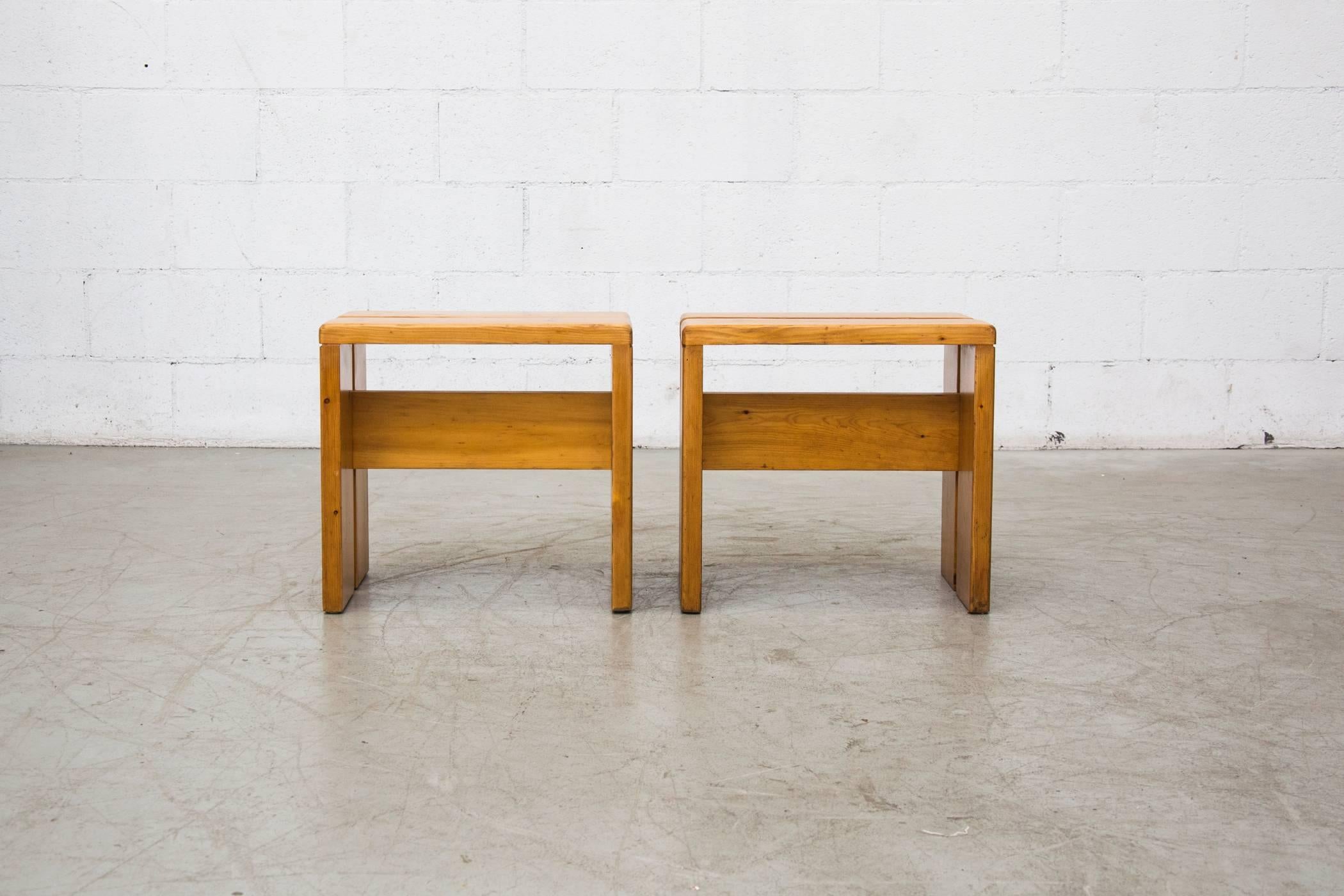 French Pair of Charlotte Perriand Solid Pine Stools for Les Arcs