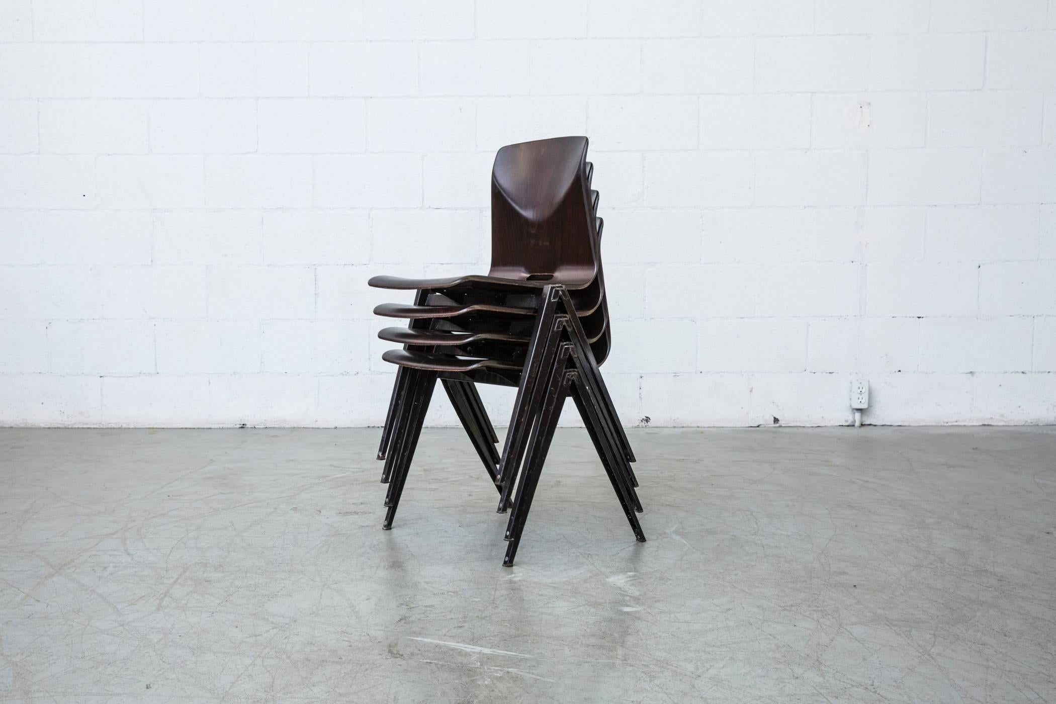 Dutch Set of Twelve Prouve Style Wenge Toned Industrial Stacking Chairs