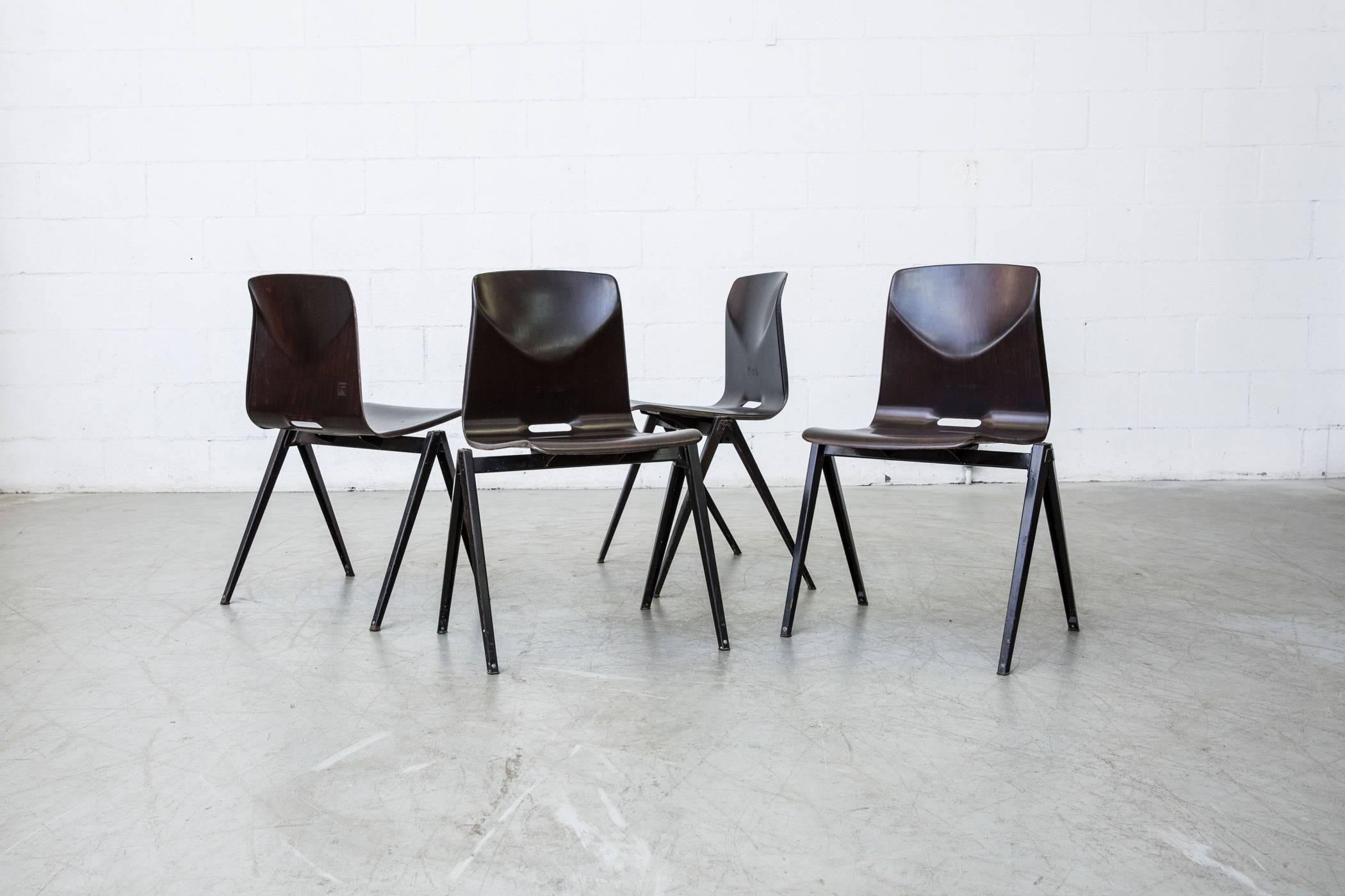 Mid-Century Modern Set of Twelve Prouve Style Wenge Toned Industrial Stacking Chairs