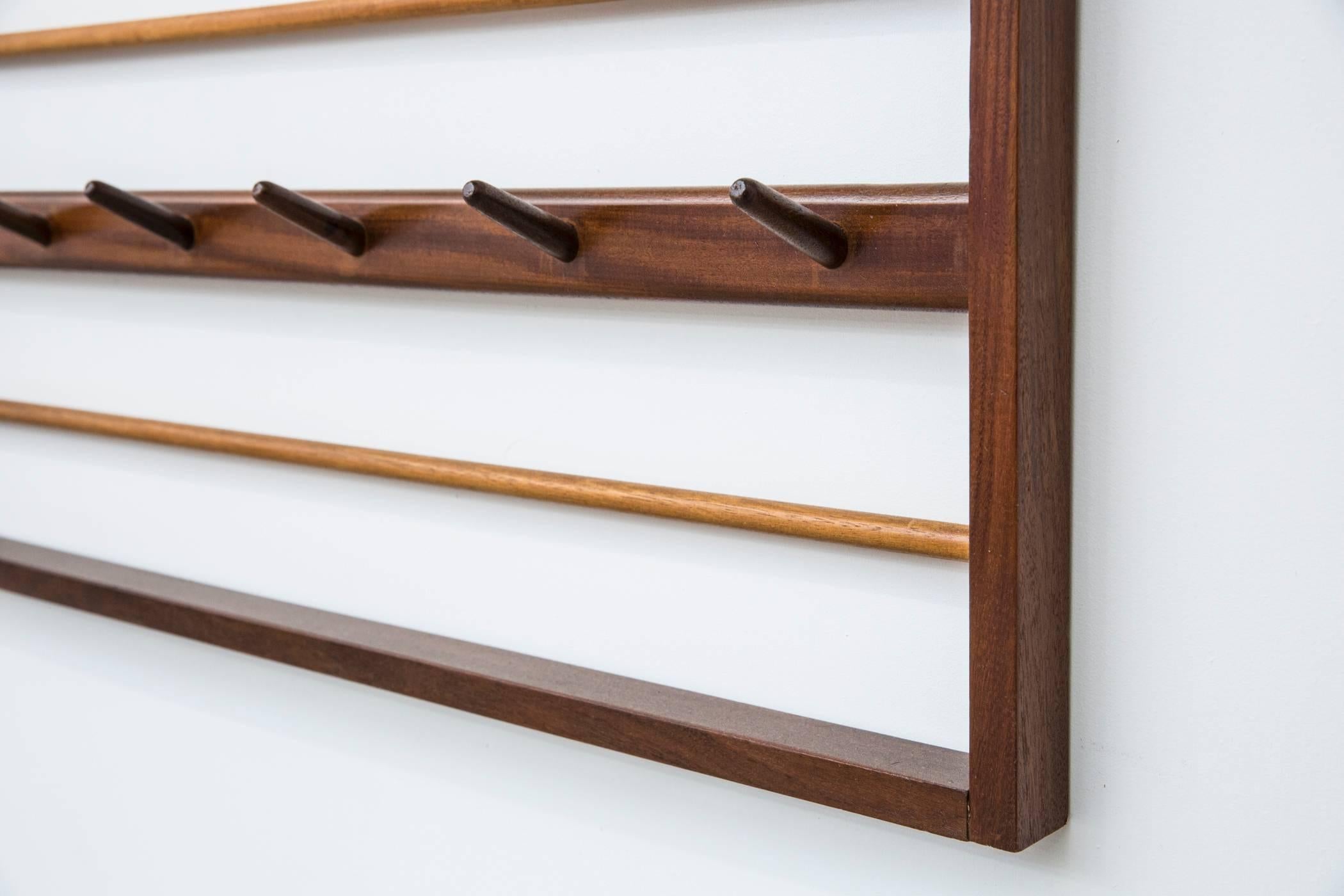 Large Dutch Teak and Birch Wall Mount Coat Rack In Good Condition In Los Angeles, CA