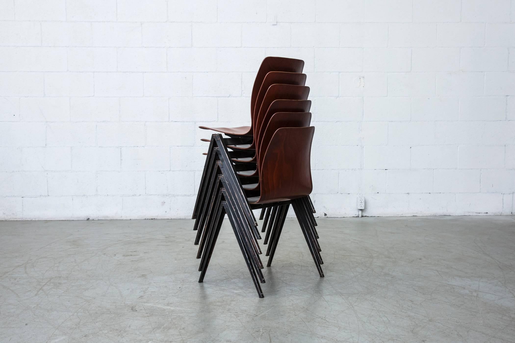 Dutch Set of Six Jean Prouve Inspired Industrial Stacking Chairs