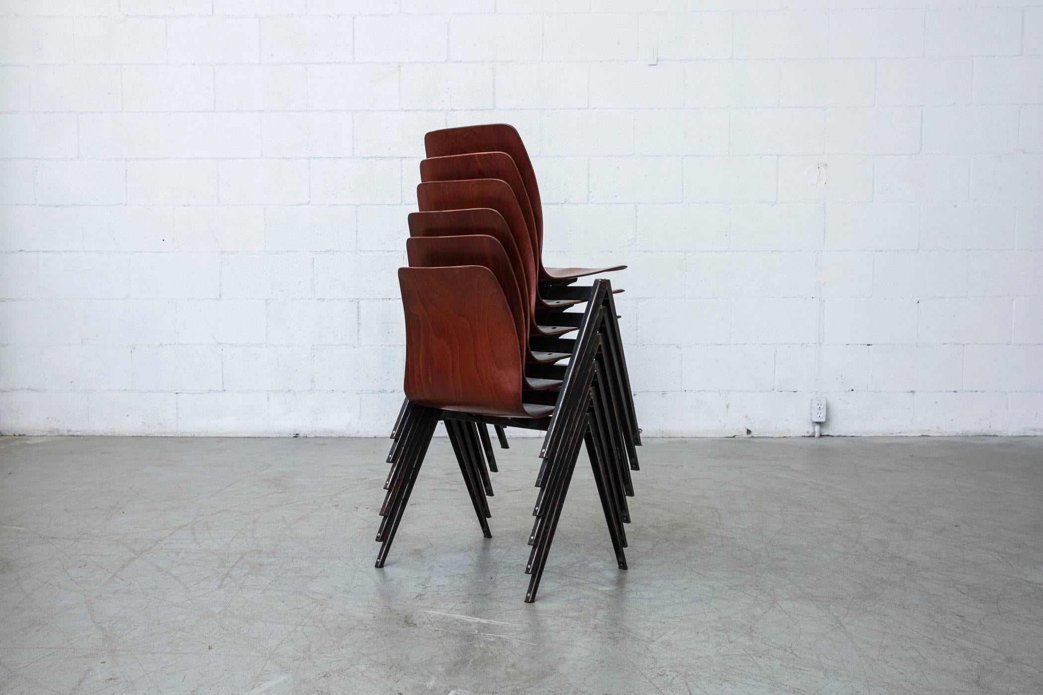 Set of Six Jean Prouve Inspired Industrial Stacking Chairs In Good Condition In Los Angeles, CA