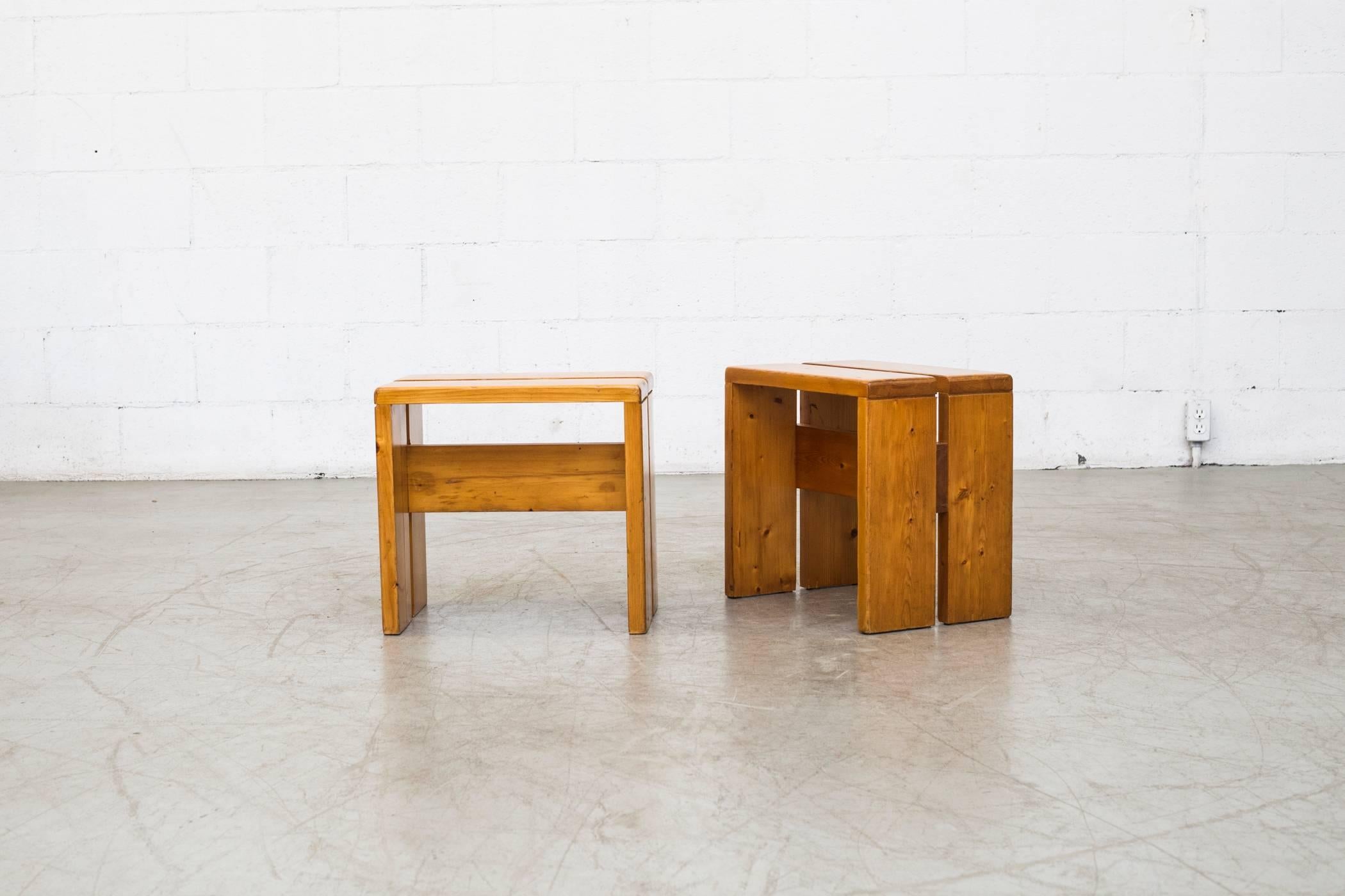 Mid-Century Modern Pair of Charlotte Perriand Solid Pine Stools for Les Arcs