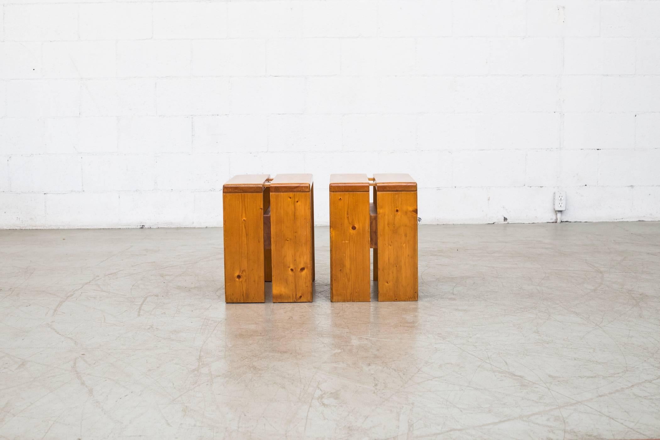 Pair of Charlotte Perriand Solid Pine Stools for Les Arcs In Good Condition In Los Angeles, CA