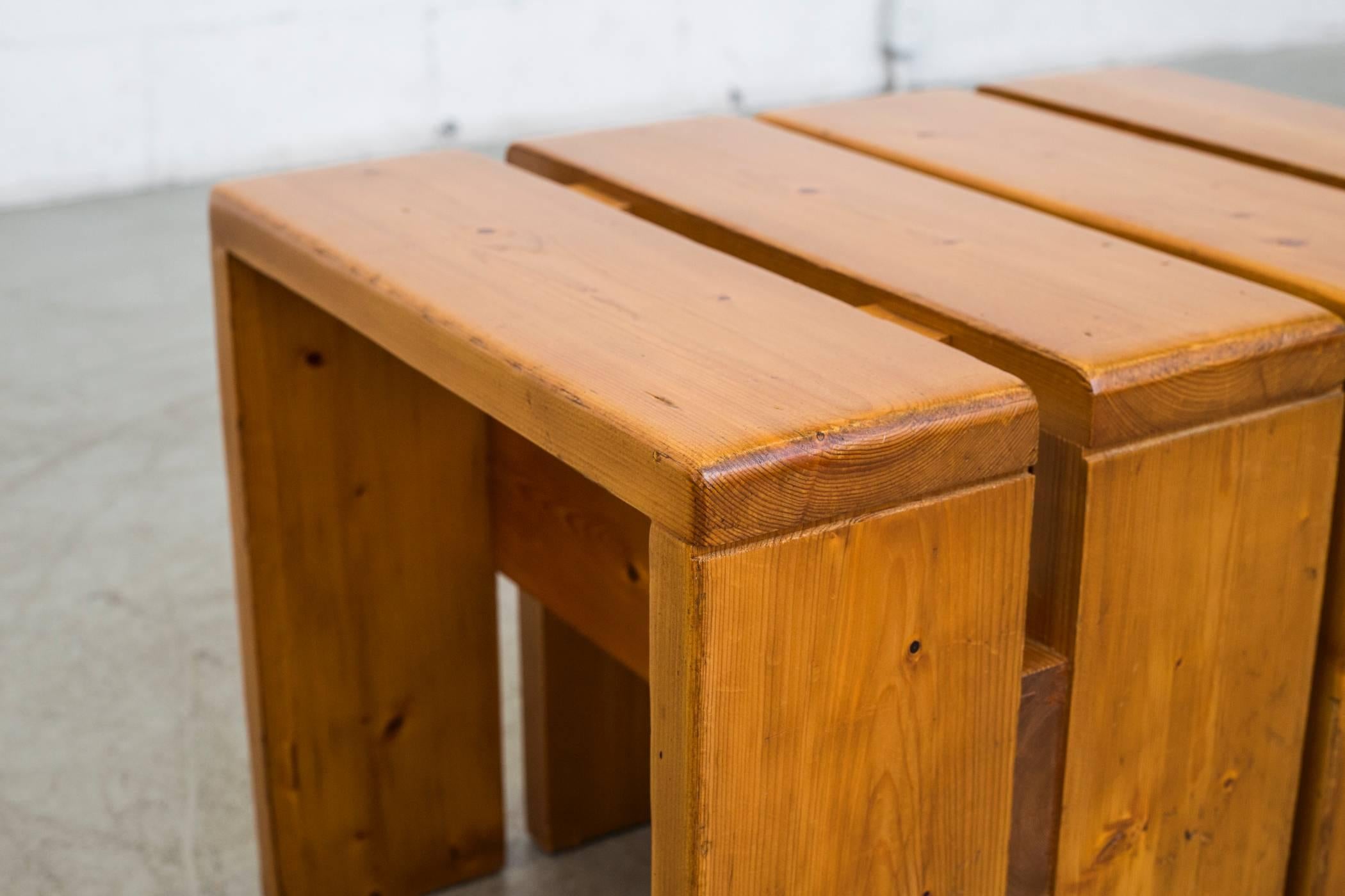 Mid-20th Century Pair of Charlotte Perriand Solid Pine Stools for Les Arcs