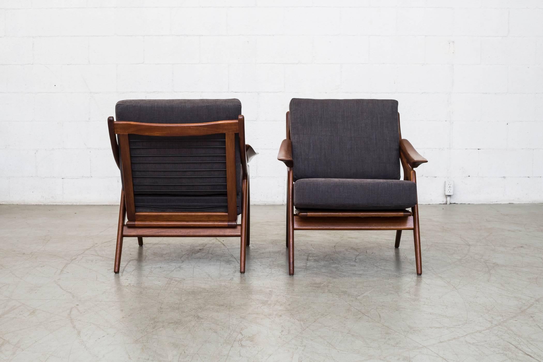 Dutch Pair of Mid-Century Organic Carved Teak Lounge Chair by De Ster