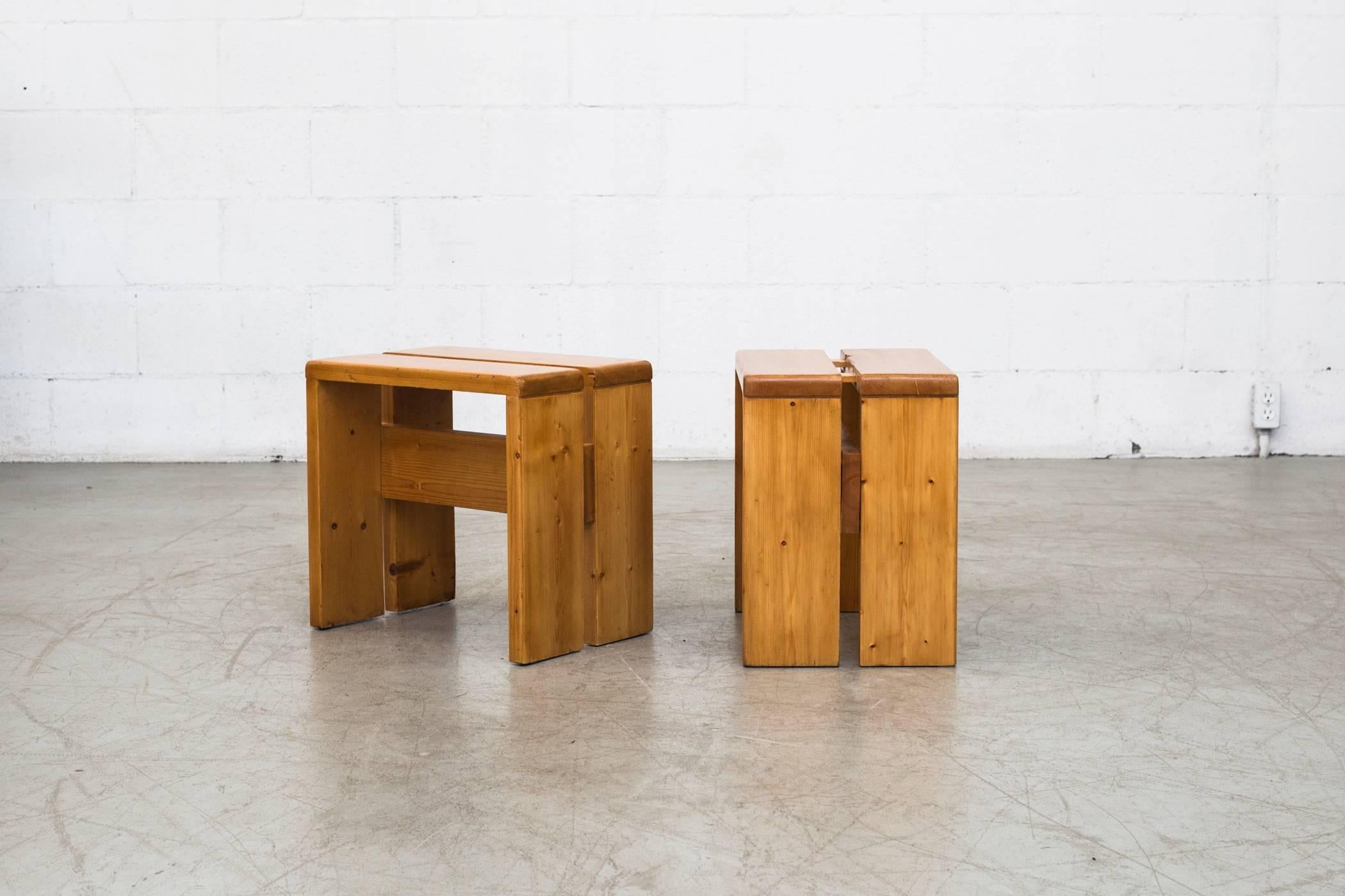 Mid-Century Modern Pair of Charlotte Perriand Solid Pine Stools for Les Arcs