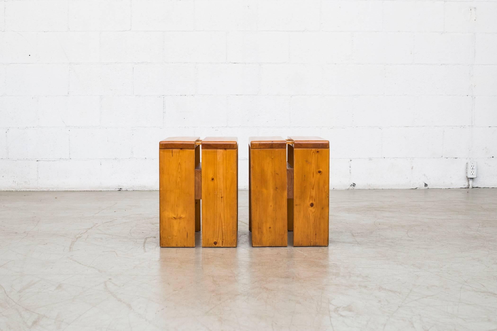 French Pair of Charlotte Perriand Solid Pine Stools for Les Arcs