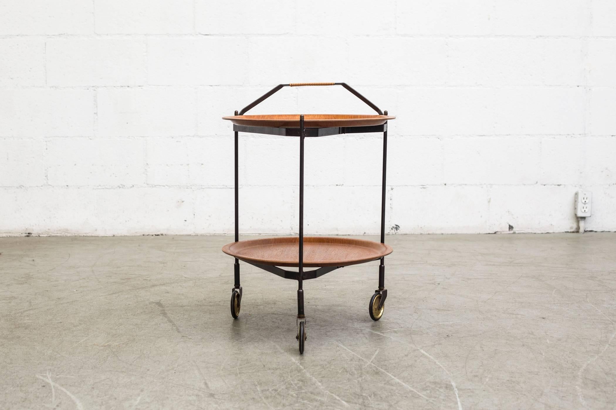 German Mid-Century Rolling Cart with Removable Teak Trays