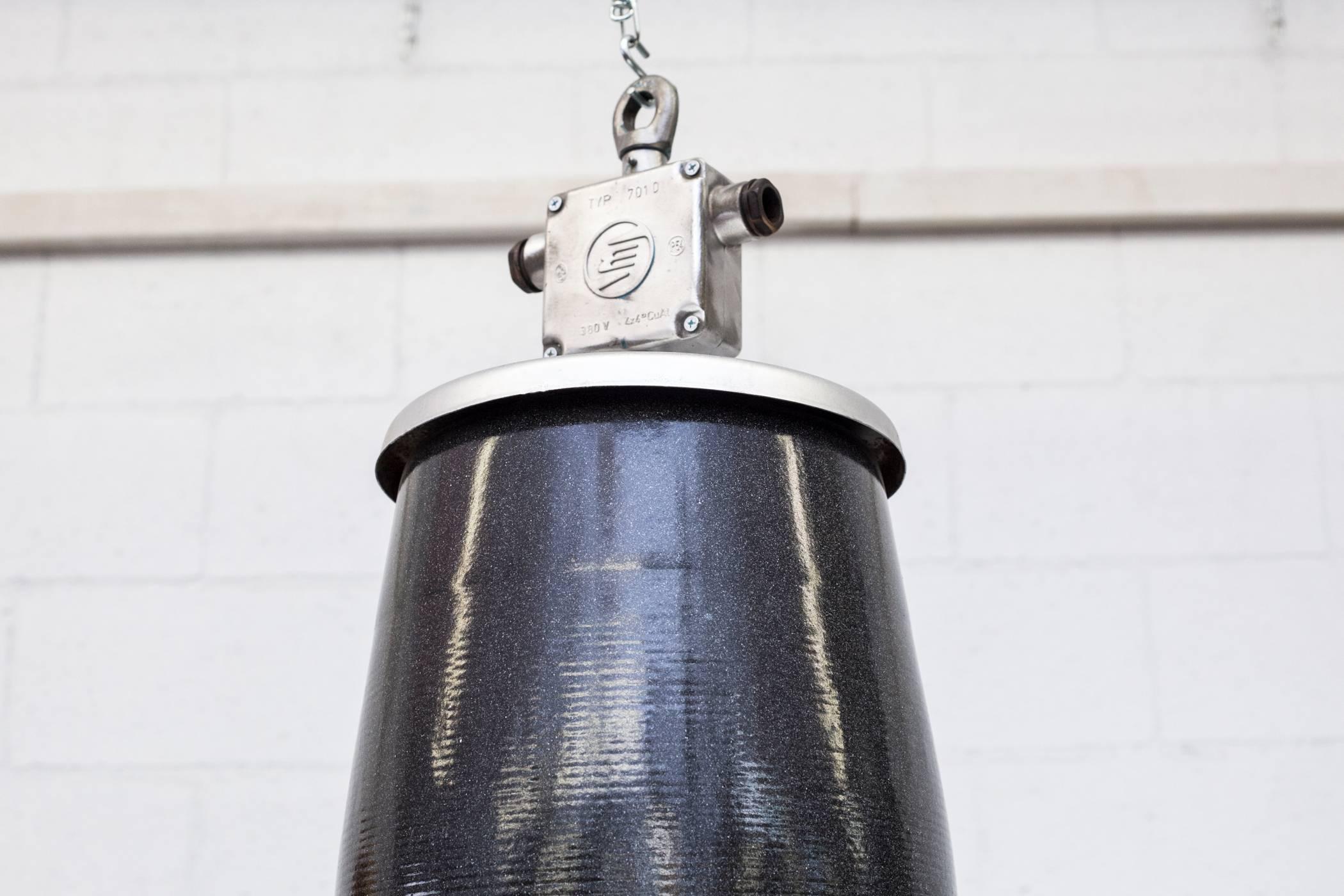 Huge Assorted Industrial Charcoal Enameled Factory Lamps In Good Condition In Los Angeles, CA