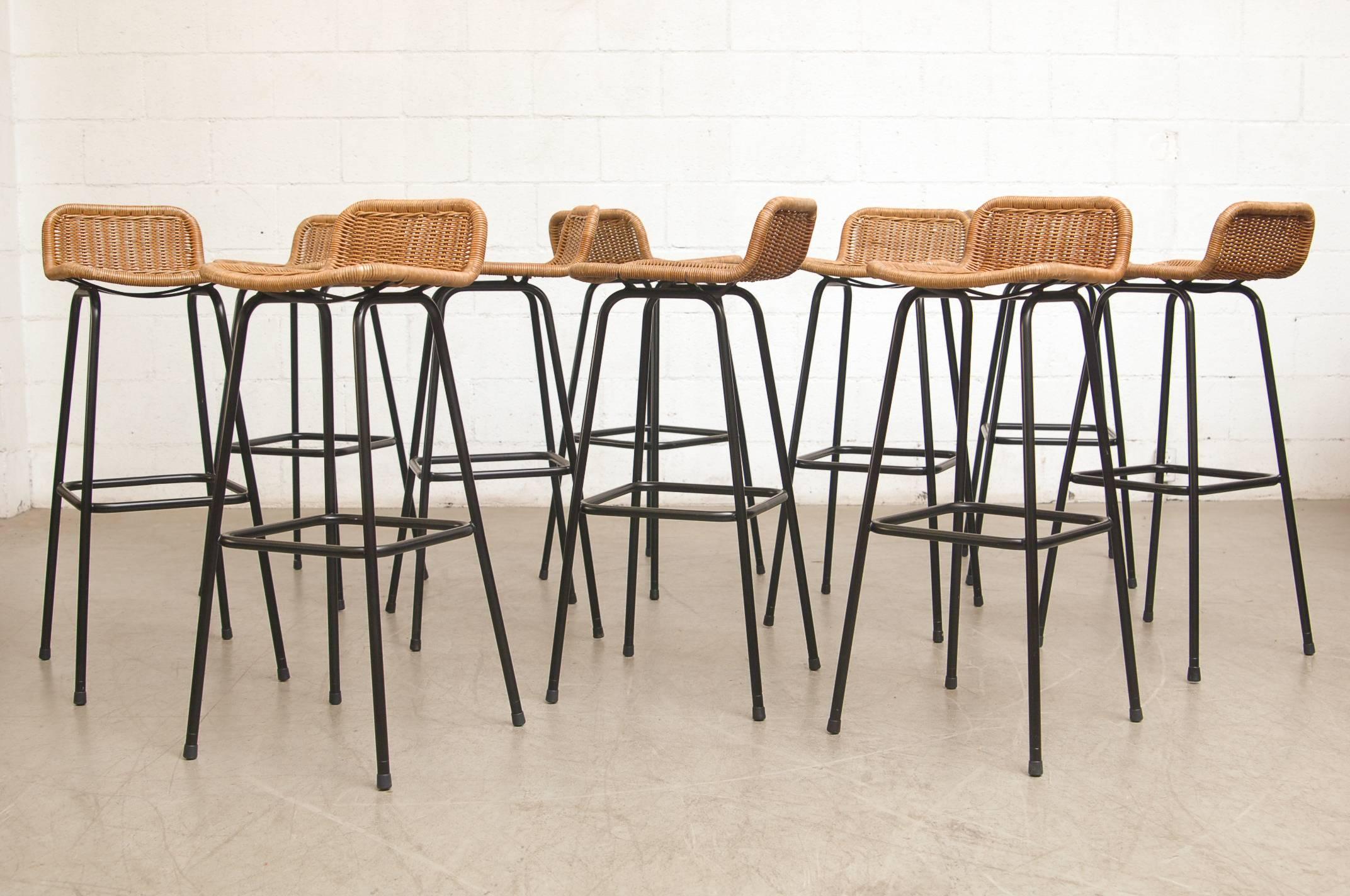 Set of 16 Charlotte Perriand Style Wicker Bar Stools