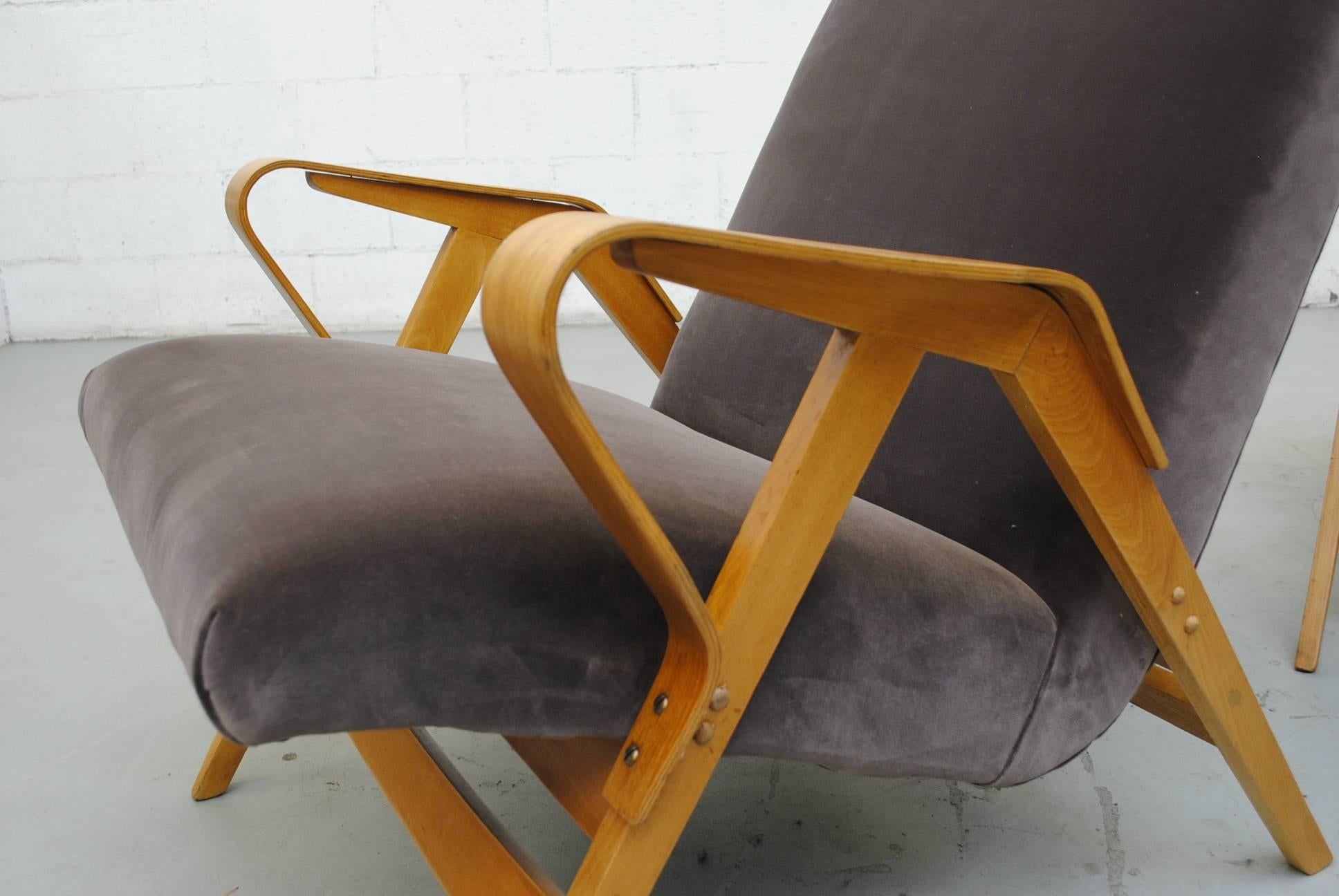 Mid-20th Century Pair of Czech Tatra Bent Plywood Lounge Chairs in Weimaraner Velvet