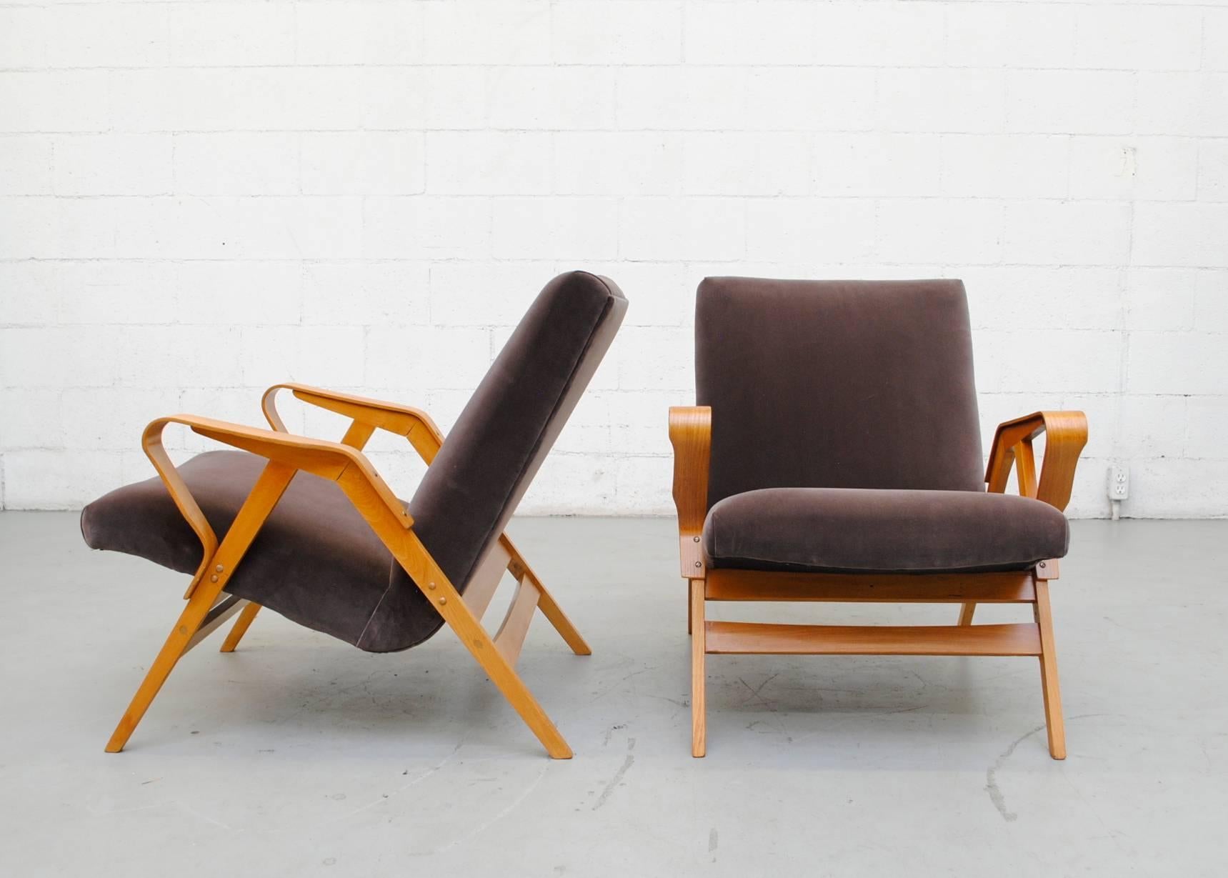 Mid-Century Modern Pair of Czech Tatra Bent Plywood Lounge Chairs in Weimaraner Velvet