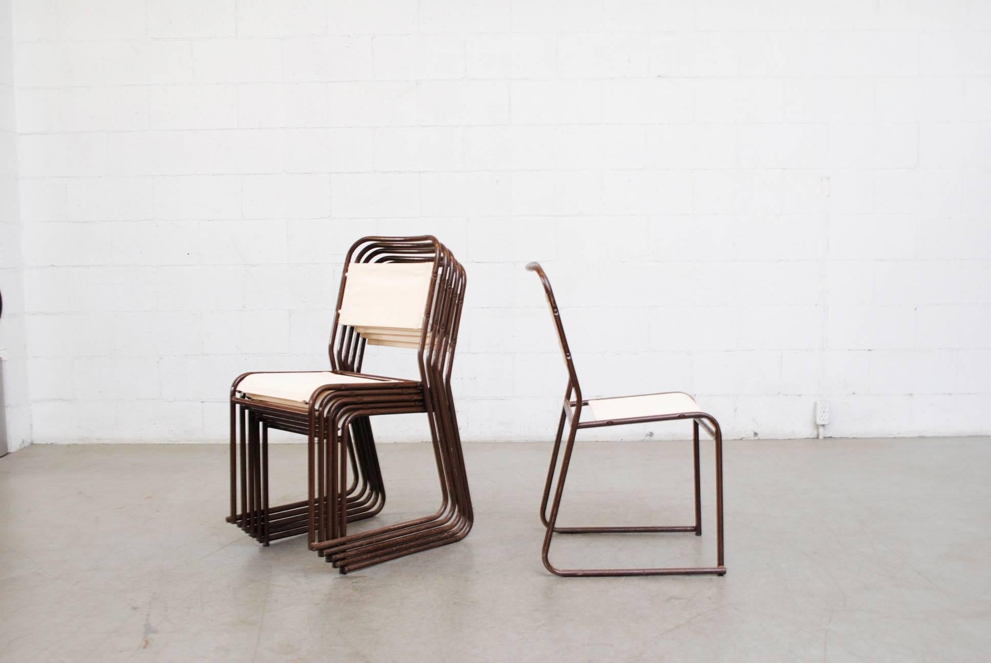 Mid-Century Modern Set of Six Stacking Metal and New Canvas Chairs