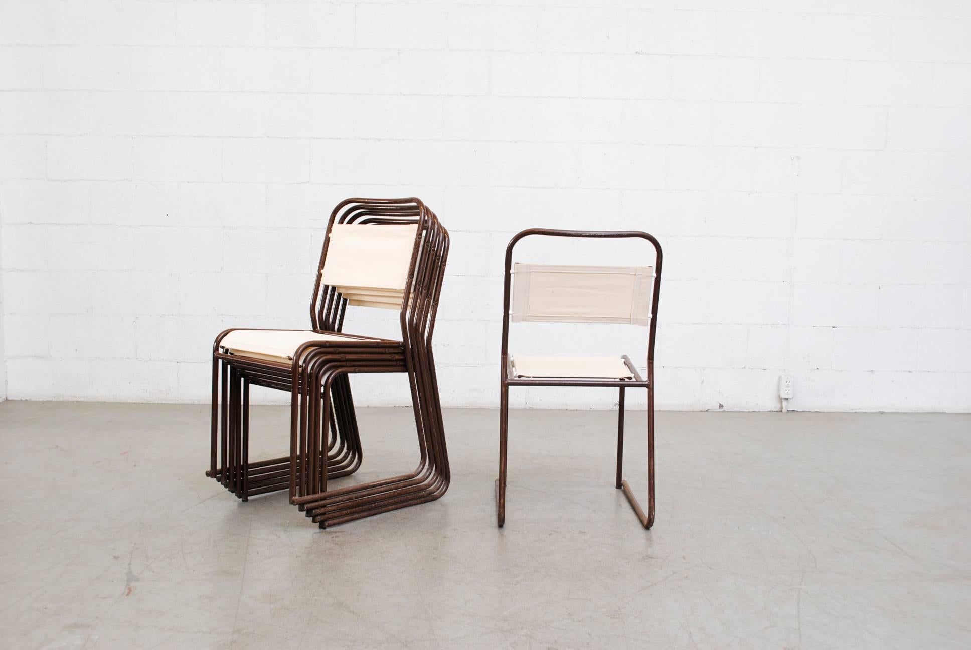 Enameled Set of Six Stacking Metal and New Canvas Chairs