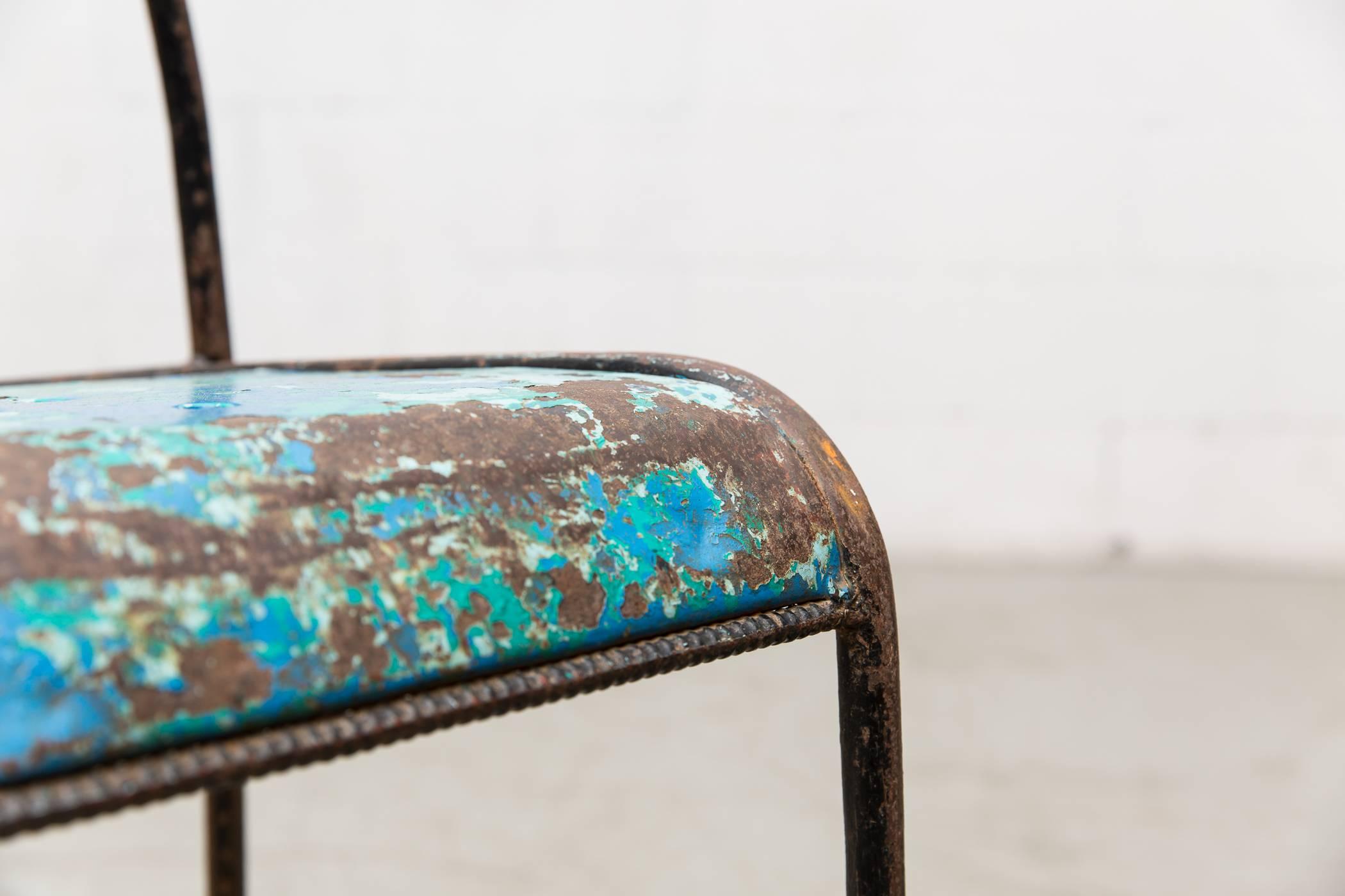 Mid-Century Modern Industrial Blue Enameled Sheet Metal Stacking Garden Chairs