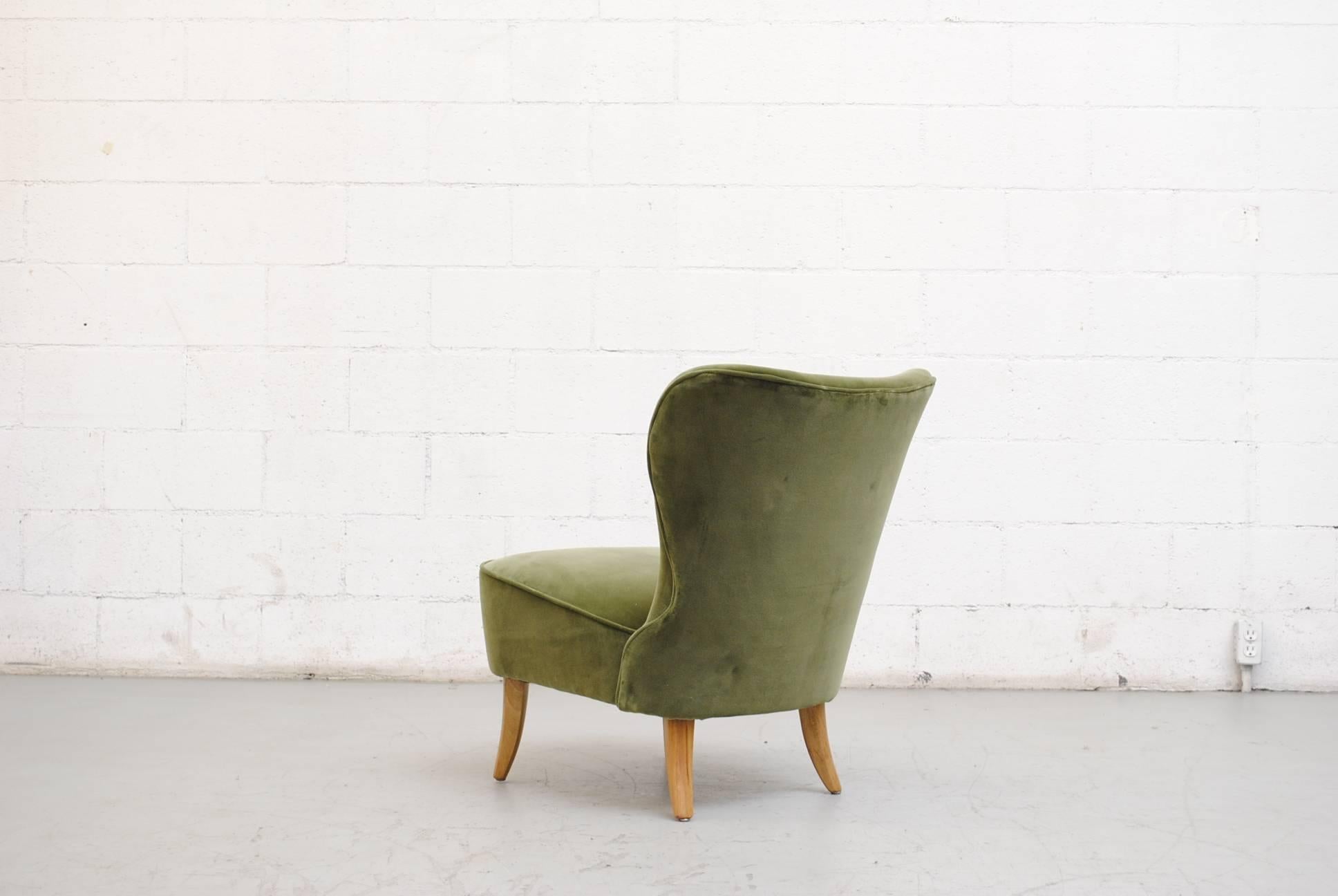 Mid-Century Modern Dragon Green Velvet Theo Ruth Style Armless Lounge Chair