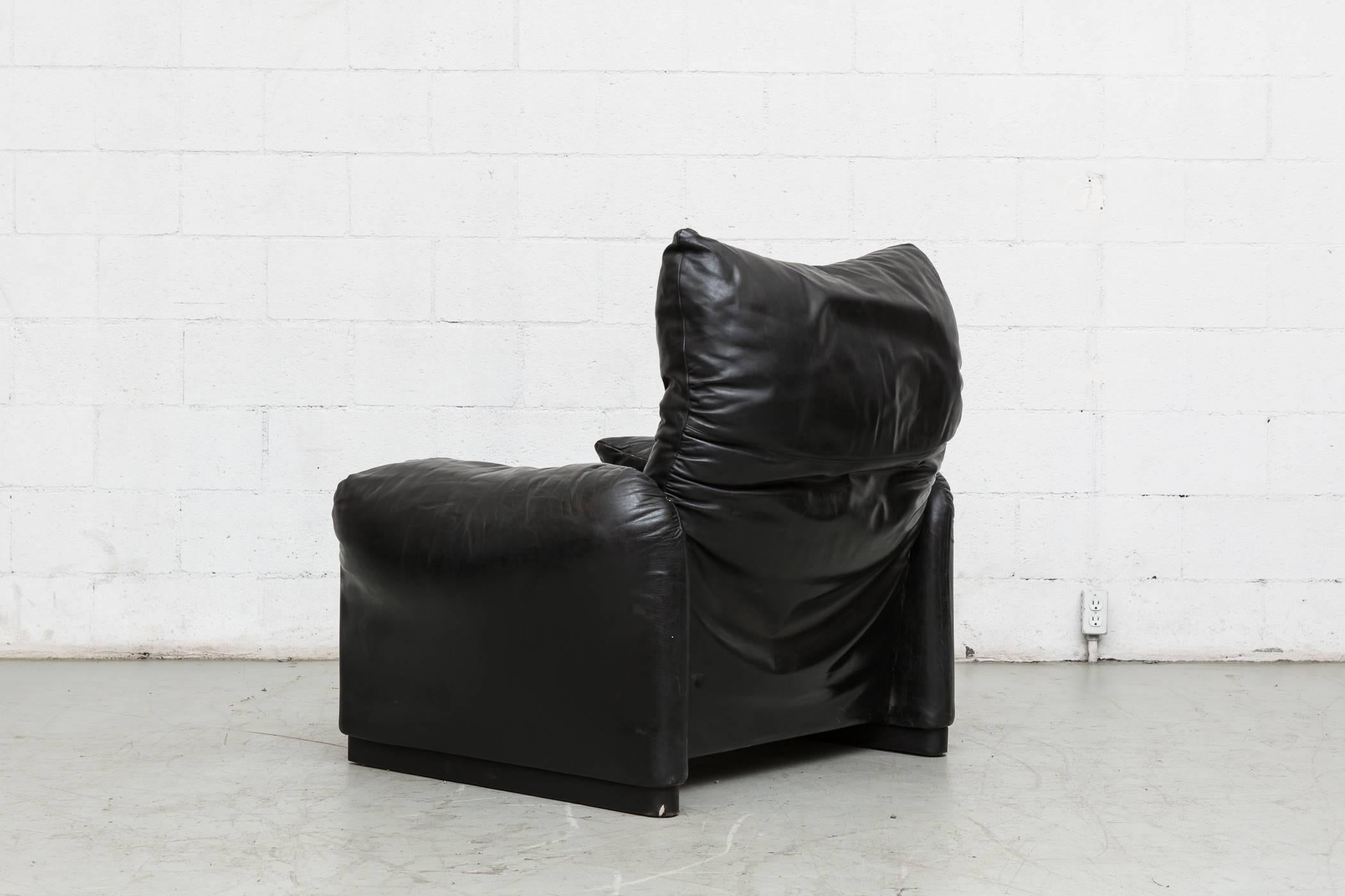 Italian Vico Magistretti Black Leather Lounge Chair