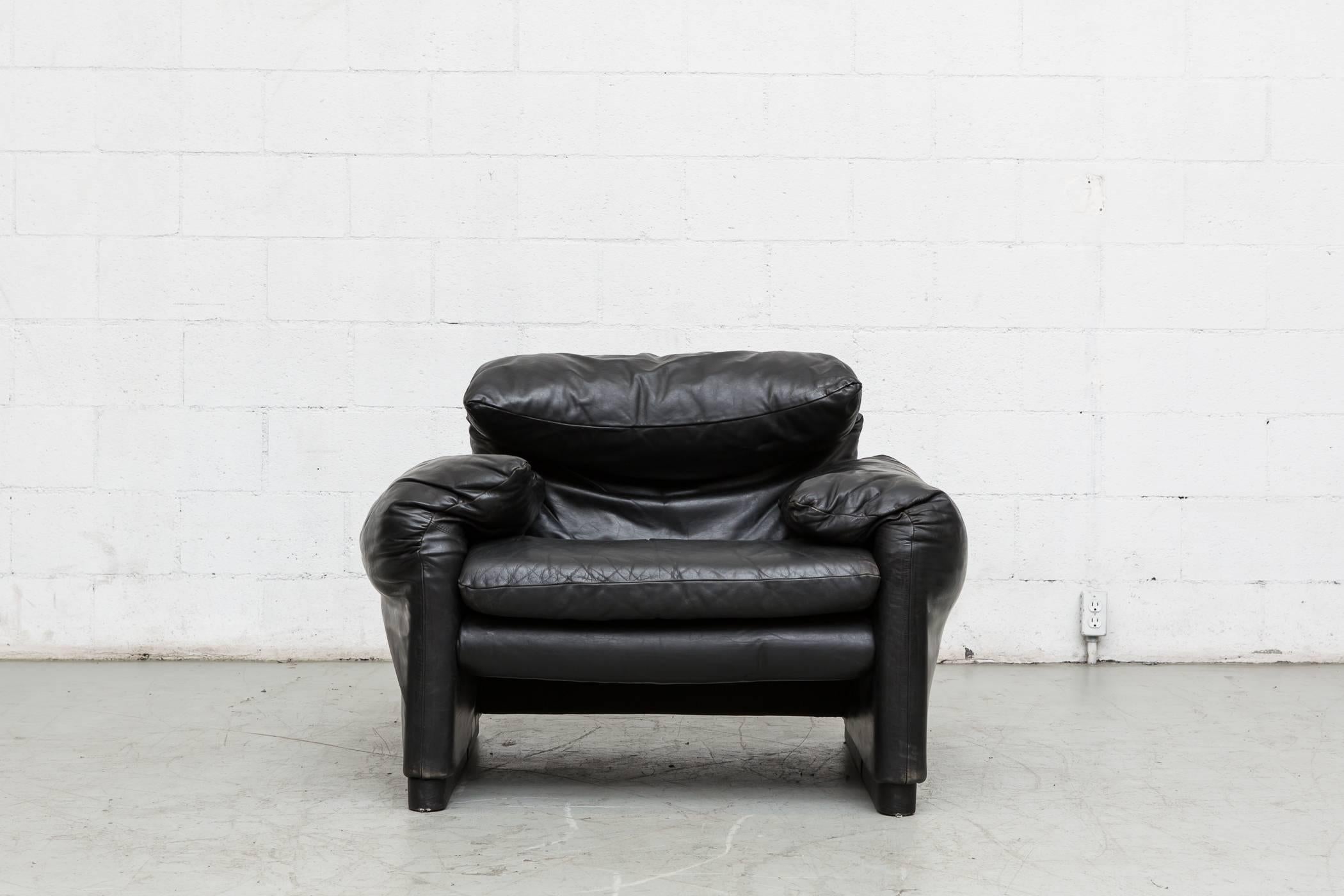 Black leather Vico Magistretti Maralunga lounge chair in good original condition with visible patina.
