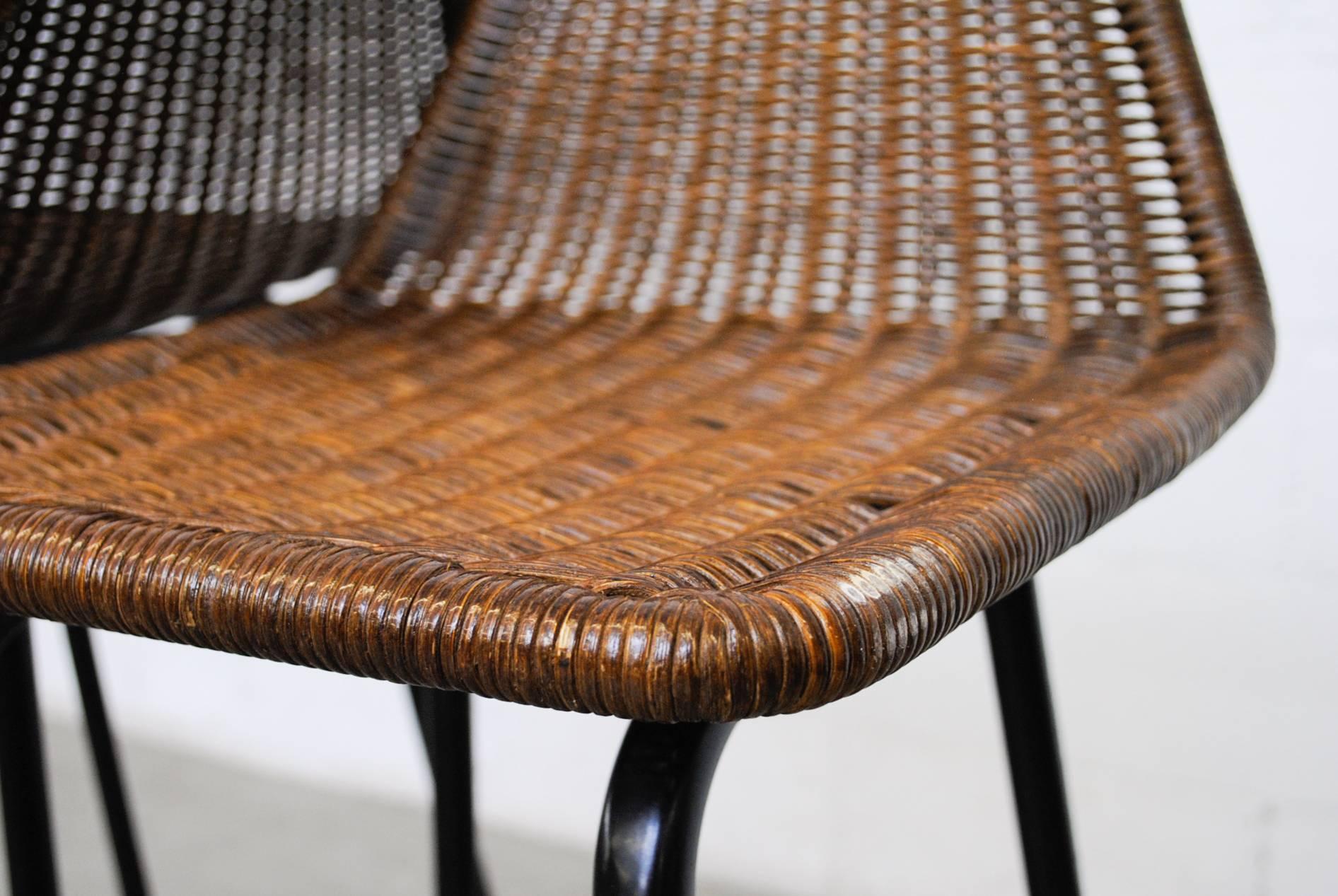 Dutch Pair of Charlotte Perriand Style Wicker Bar Stools