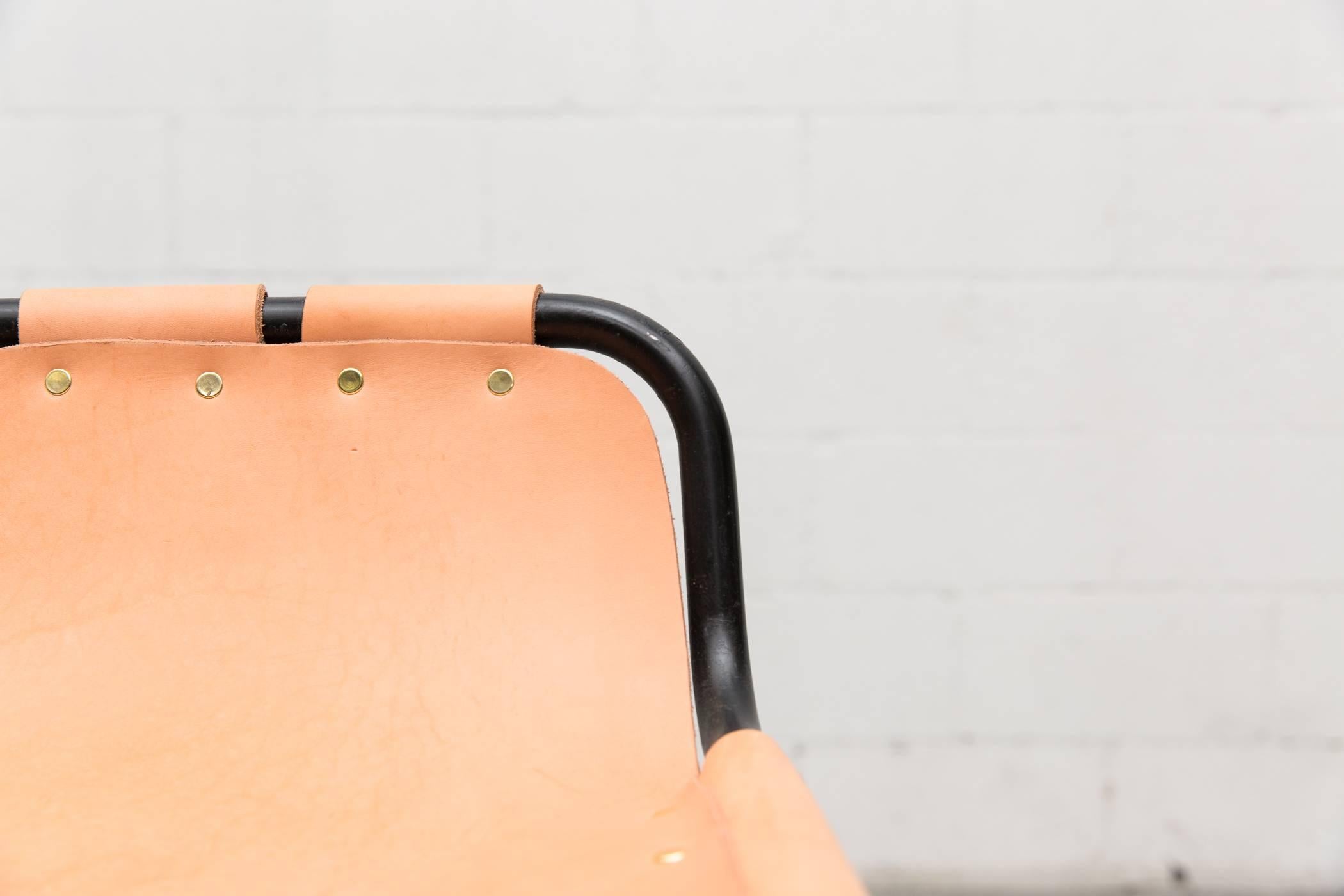 Dutch Pair of Charlotte Perriand Style Leather Bar Stools