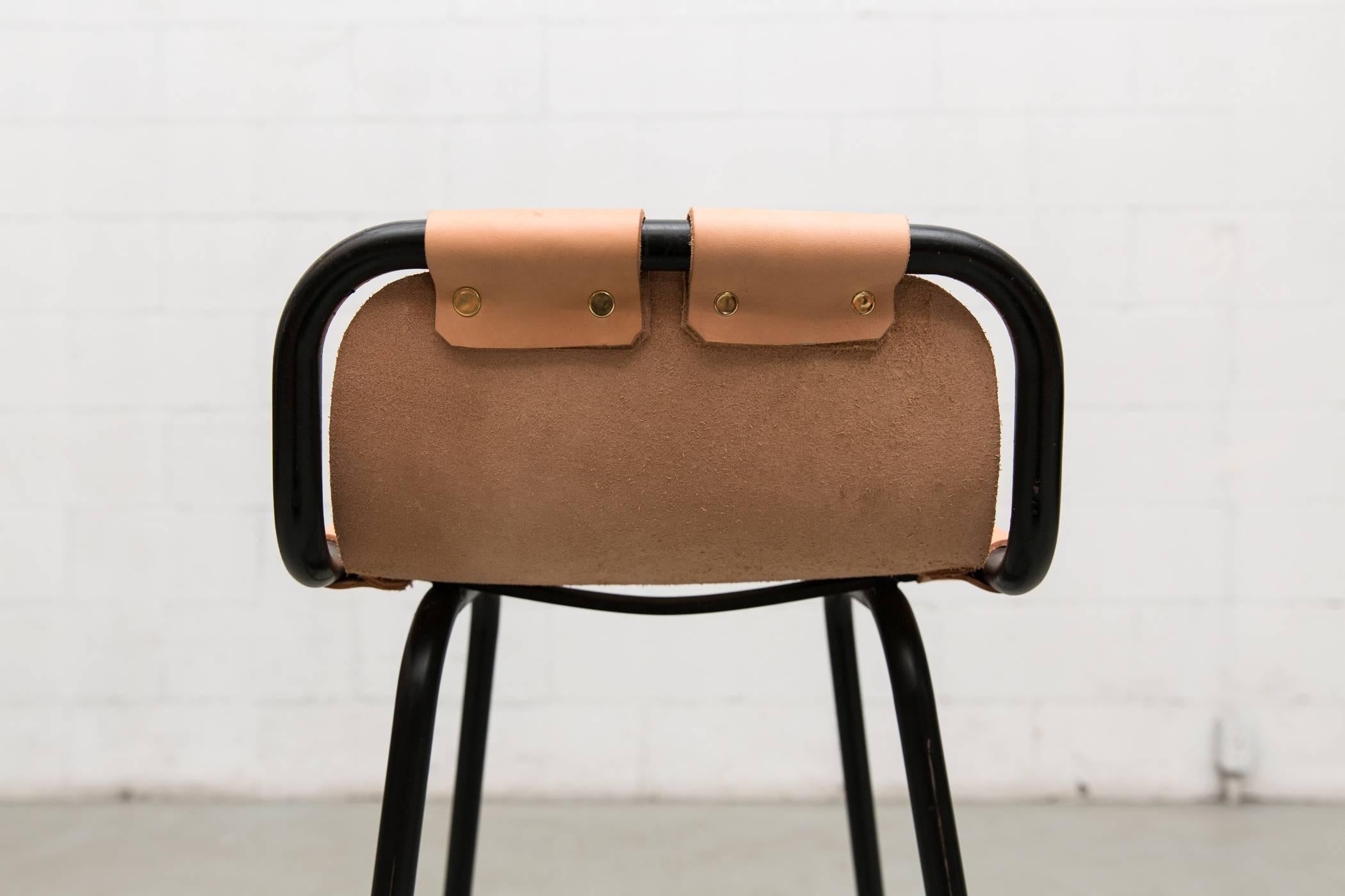 Pair of Charlotte Perriand Style Leather Bar Stools In Good Condition In Los Angeles, CA