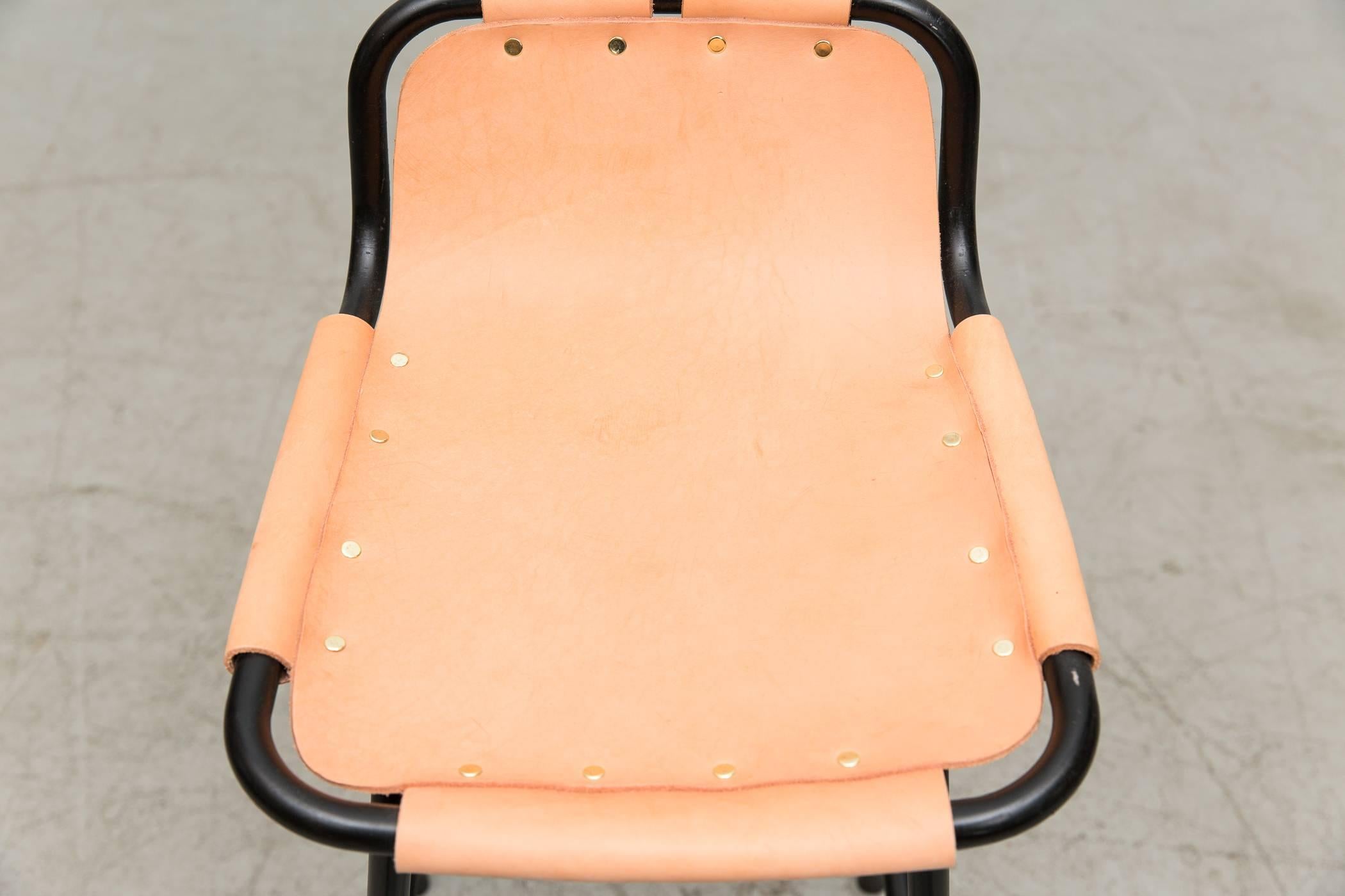 Enameled Pair of Charlotte Perriand Style Leather Bar Stools