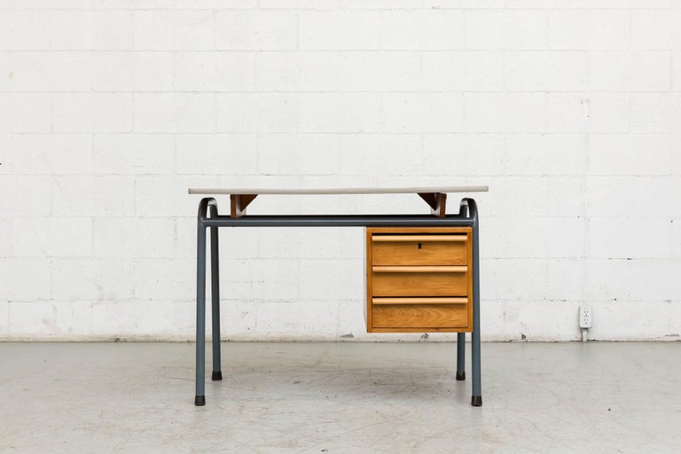 Midcentury Dutch School Desk With Blue Metal Legs At 1stdibs