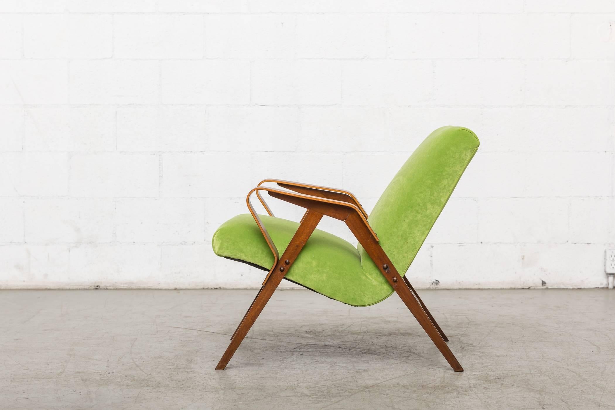 Mid-Century Modern Tatra Bent Plywood Lounge Chair in Lime Velvet