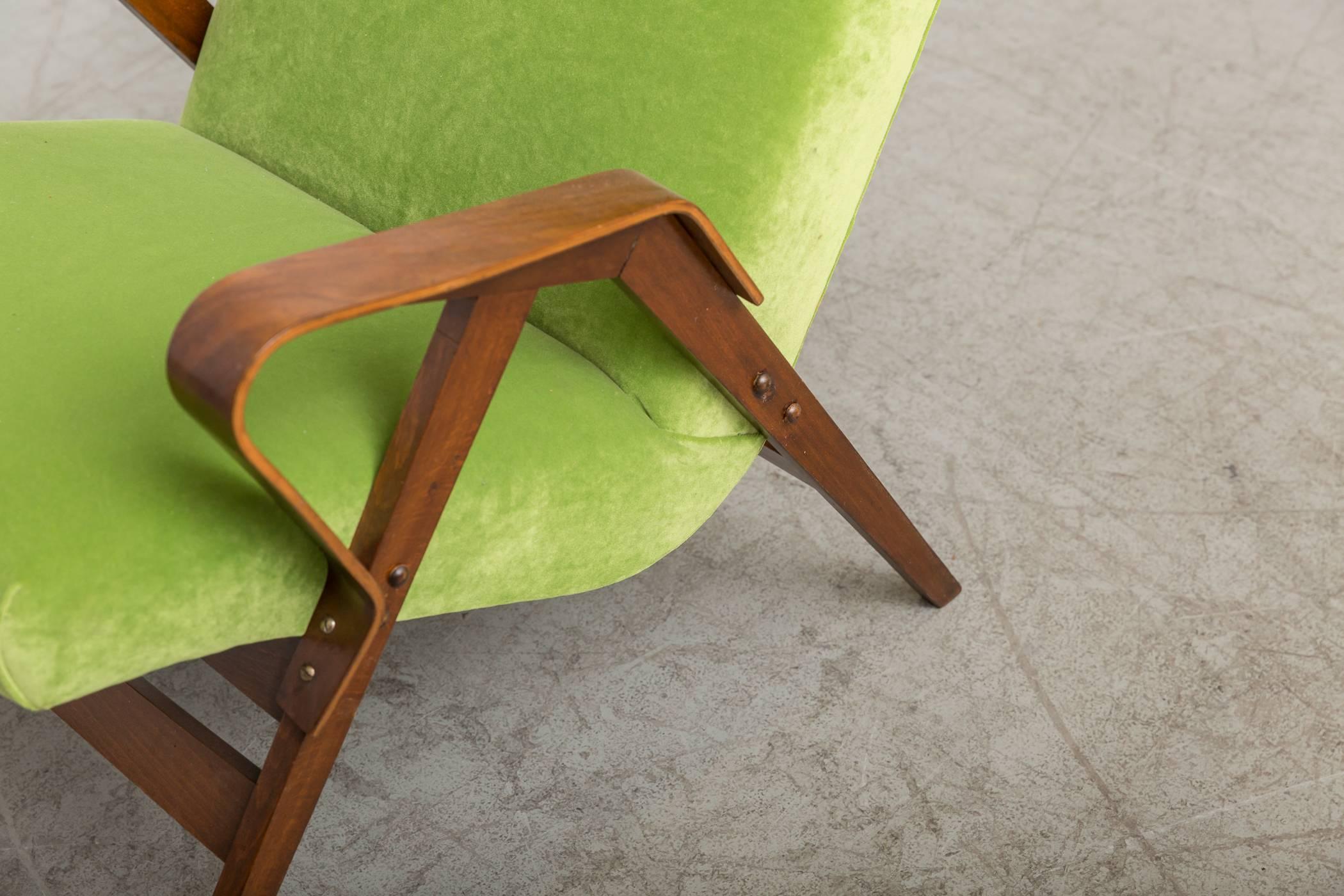 Tatra Bent Plywood Lounge Chair in Lime Velvet 1