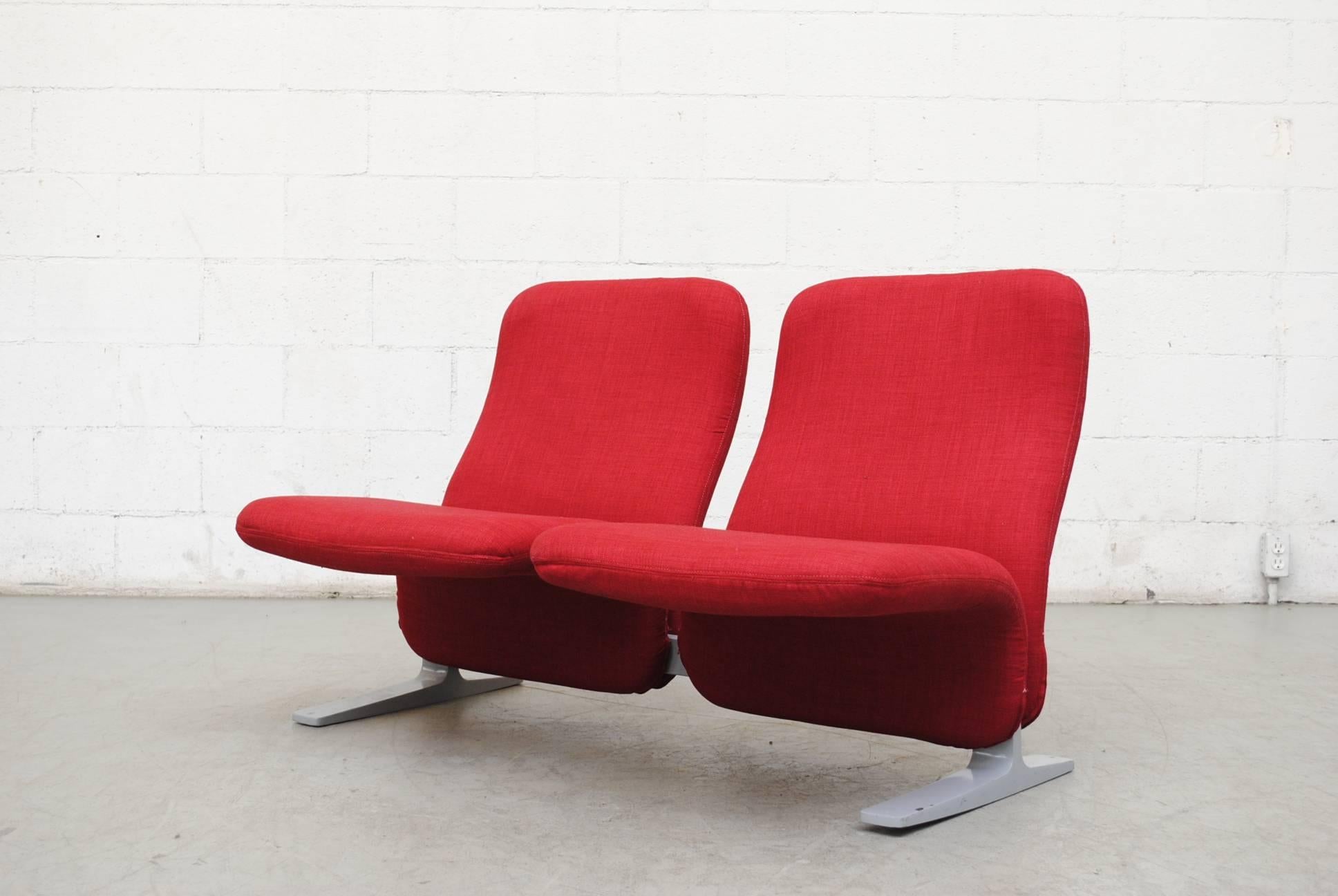 A smaller version to the high back F784 Concorde chair by Pierre Paulin. Named after the French Concorde Aircraft, Paulin designed these seats for their waiting room. Comfortable and minimal, it is also referred to as the Duck chair. This quack is