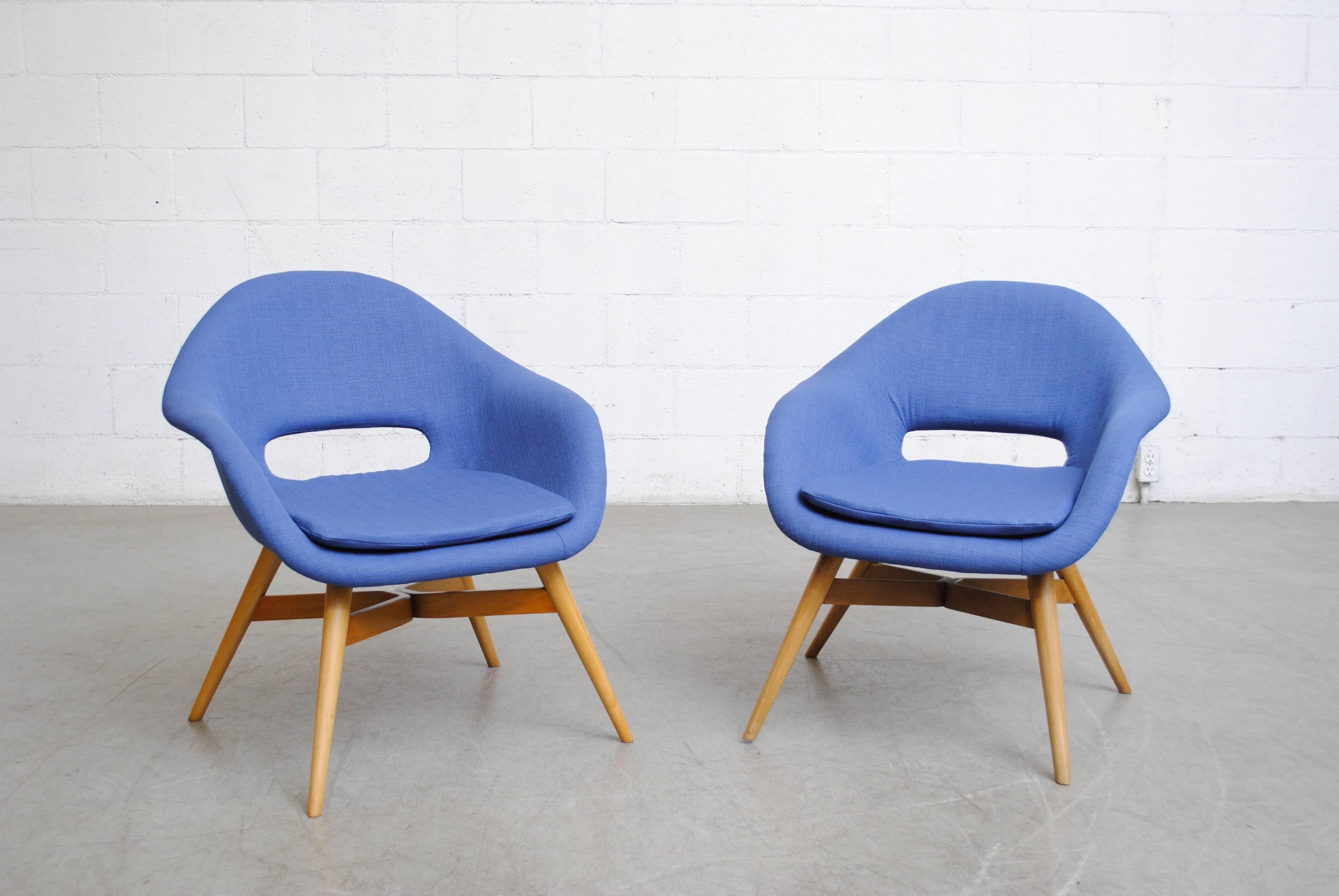 Newly upholstered modern bucket chair with Saarinen style cut-outs by Miroslav Navratil in royal blue upholstery with original birch frame in good original condition. Photo shows the blue as slightly more vibrant than in reality.